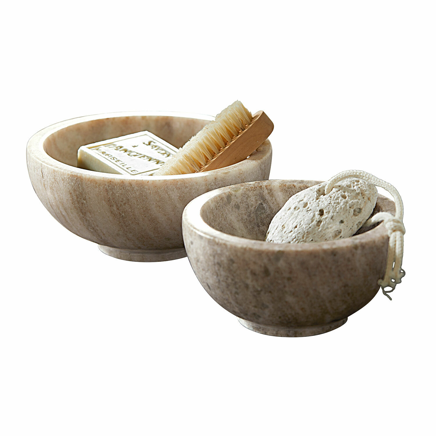 Schaal set van 2 Isamont Twee beige marmeren kommen met zeep, borstel en puimsteen voor lichaamsverzorging