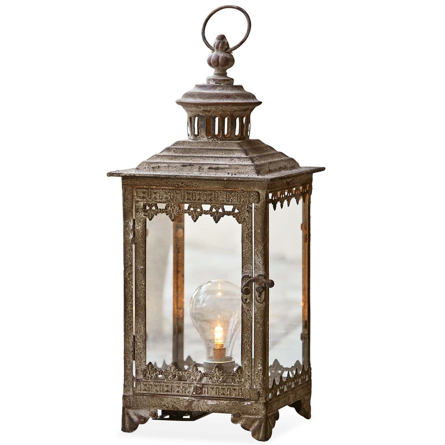 LED-lantaarn Féerie Decoratieve metalen lantaarn in vintage stijl met helder glas en gloeilamp, roestkleurig