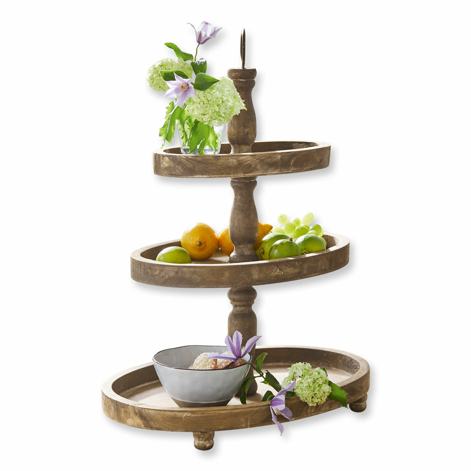 Etagère Olathe Drieledig houten dienblad in bruine kleur met fruit en bloemen voor tafeldecoratie