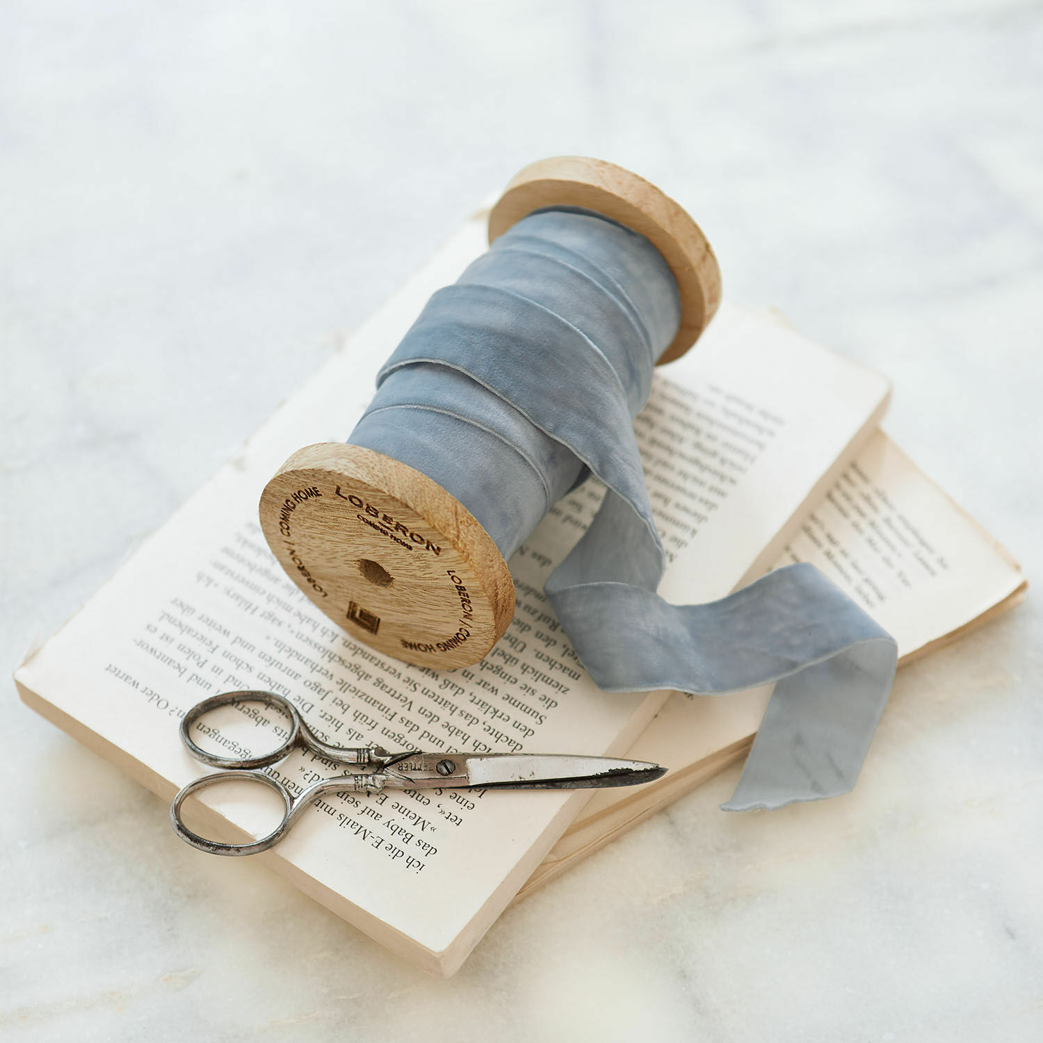 Fluwelen lint Andaris Blauwe fluwelen lint op houten klos met metalen schaar op een open boek