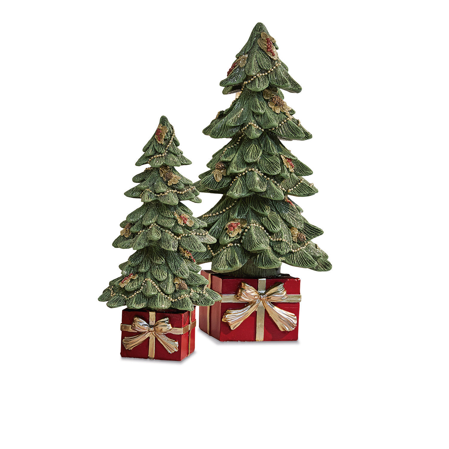 Decoratieve kerstboom, set van 2 Verne Set van twee groene kerstboomdecoraties met rode cadeaus en gouden strikken voor kerst