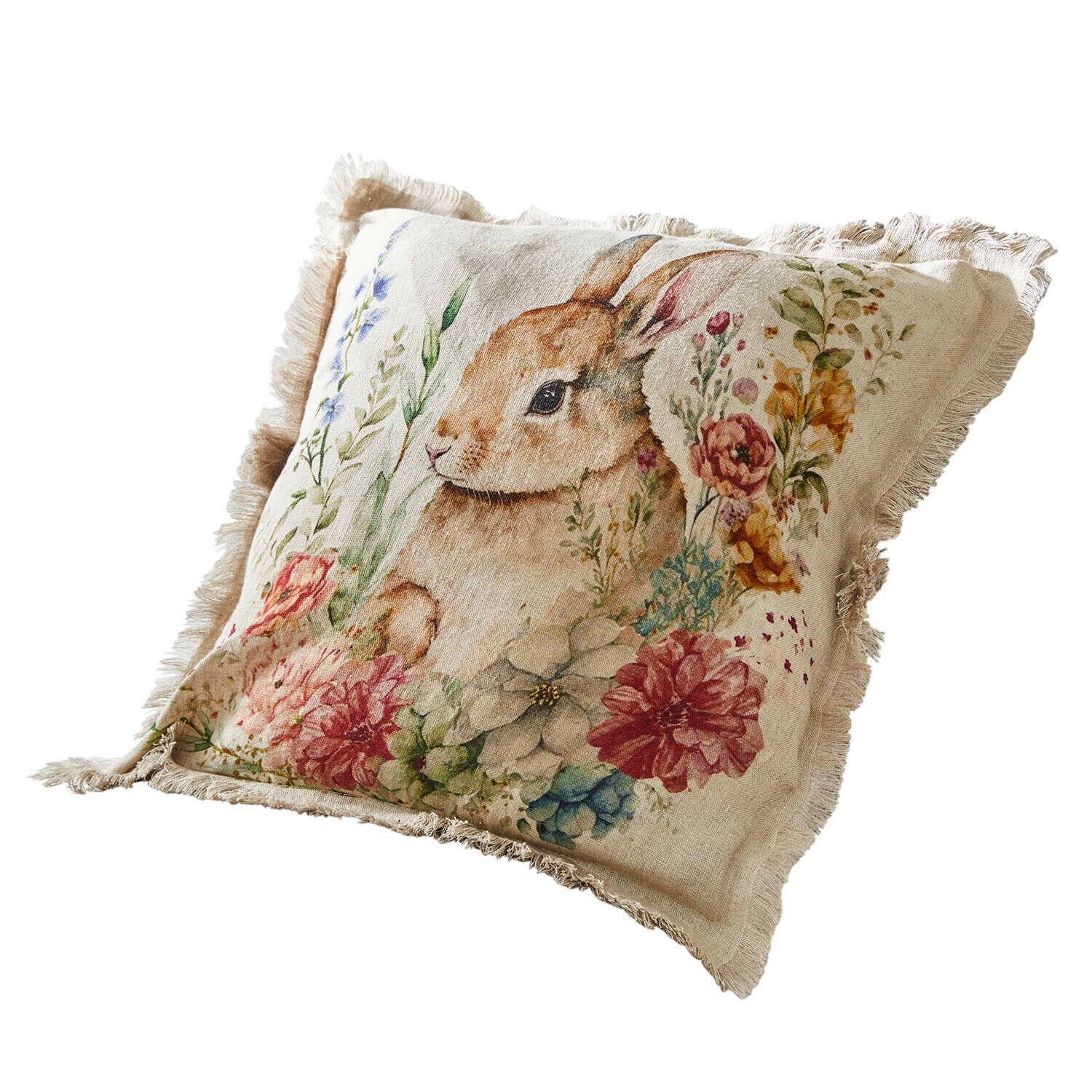 Kussenhoes Parélys Beige linnen kussen met konijn en kleurrijke bloemen, decoratief woonaccessoire
