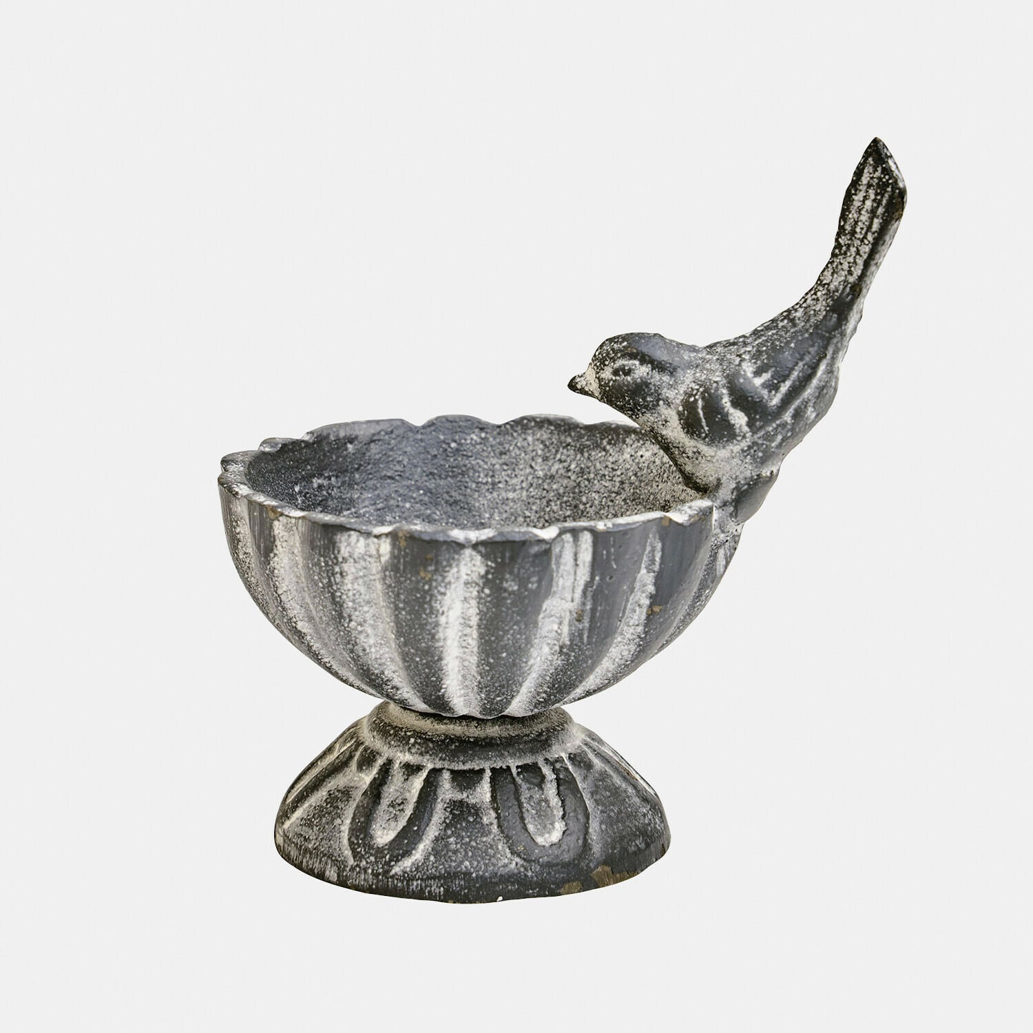 Vogelbadje Méravon Decoratieve metalen schaal in grijs met vogelbeeldje, tuinornament en vogelvoederbak
