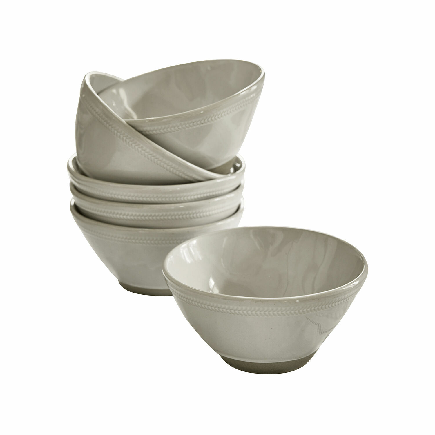 Set van zes grijze keramische kommen met fijn patroon aan de rand voor het serveren van soep