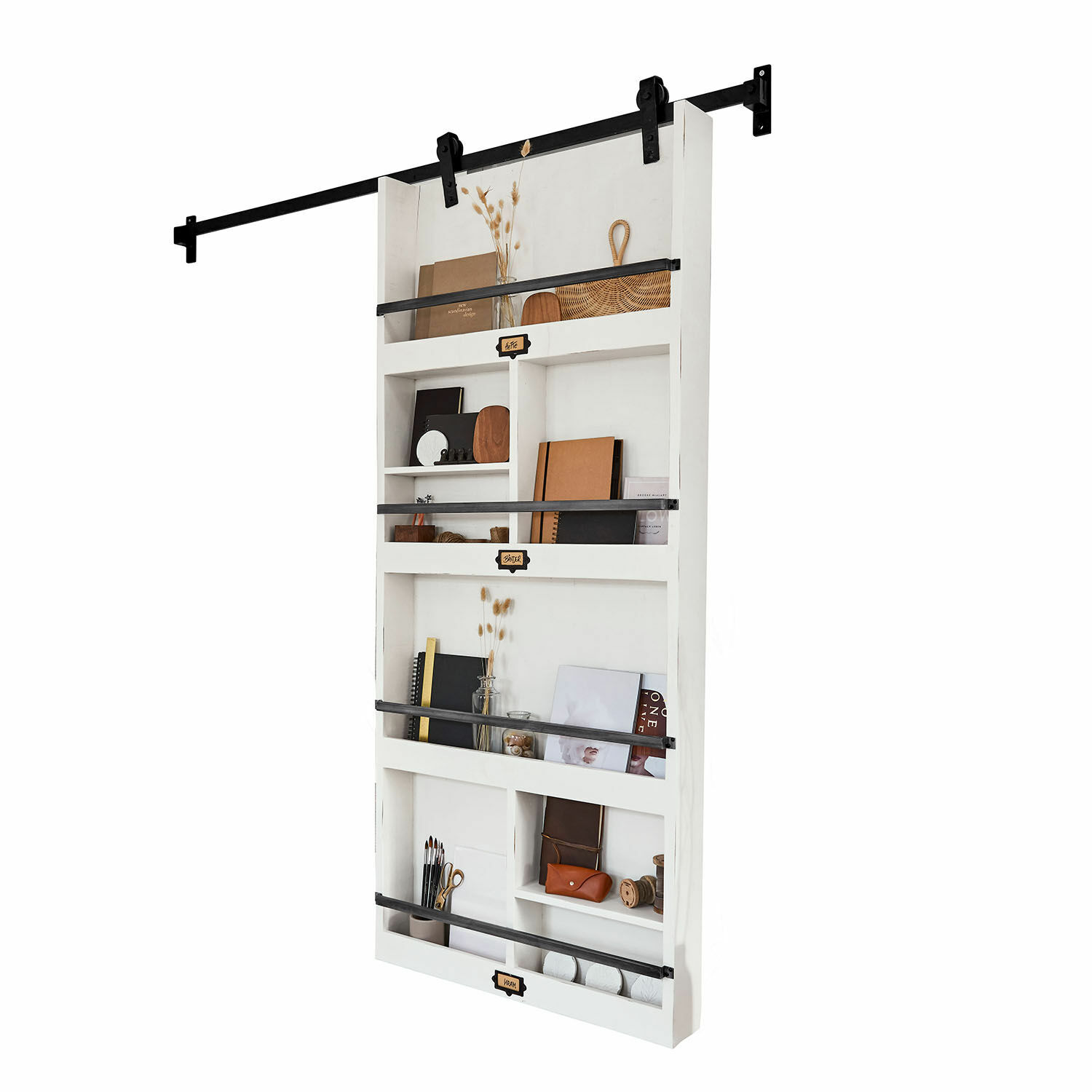 Schuifdeur Besançon Witte houten wandplank met metalen stangen voor boeken en decoratie