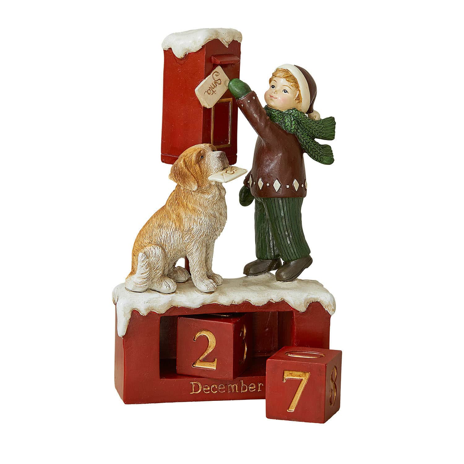 Kalender Norrholm Adventskalenderfiguur met jongen en hond bij rode brievenbus met decemberdatum