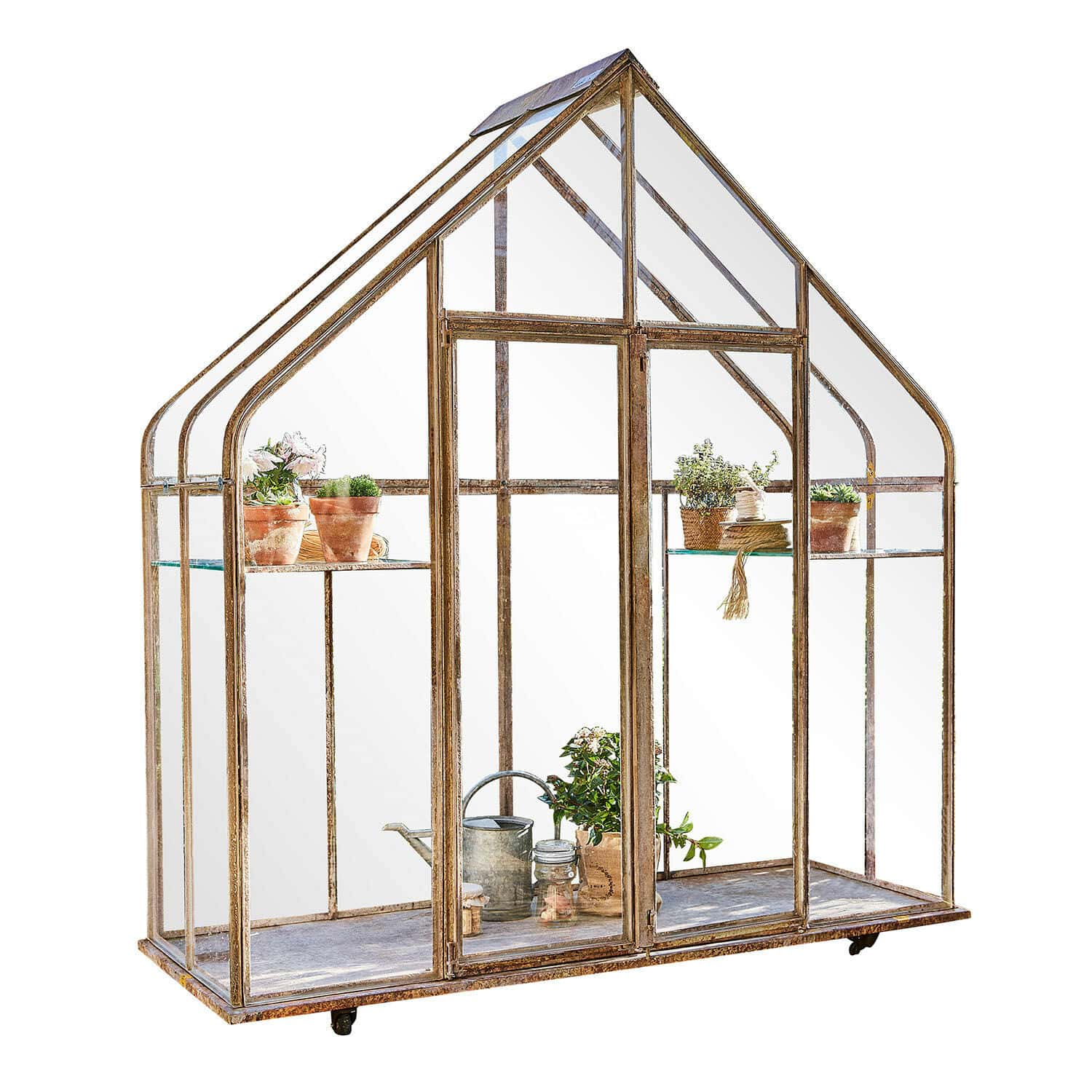 Plantenkas Belfaux Decoratieve kas met roestige metalen frame en glazen planken voor planten en tuingereedschap