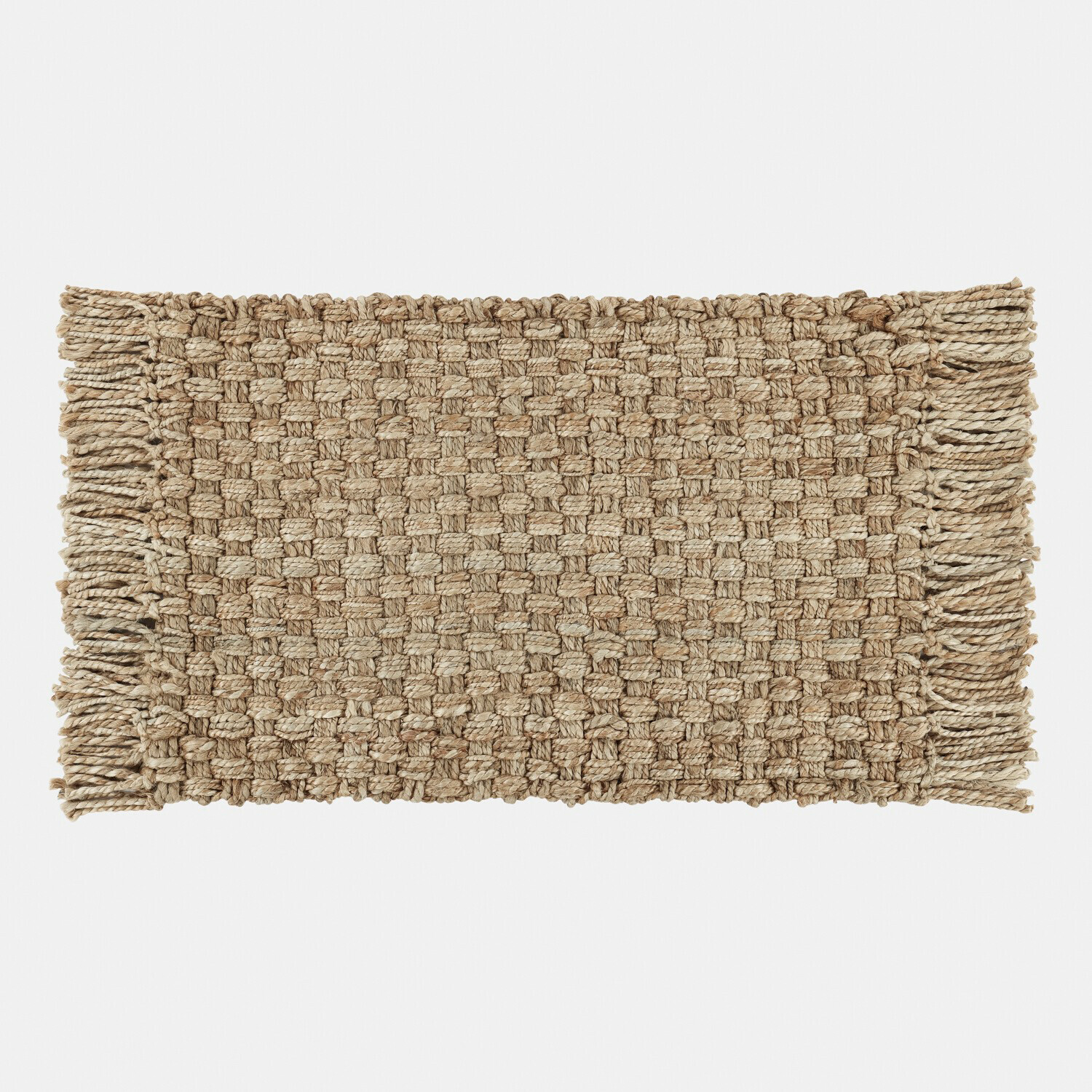 Handgeweven vloerkleed van natuurlijke jute in beige met franjes, interieur- en vloerdecoratie
