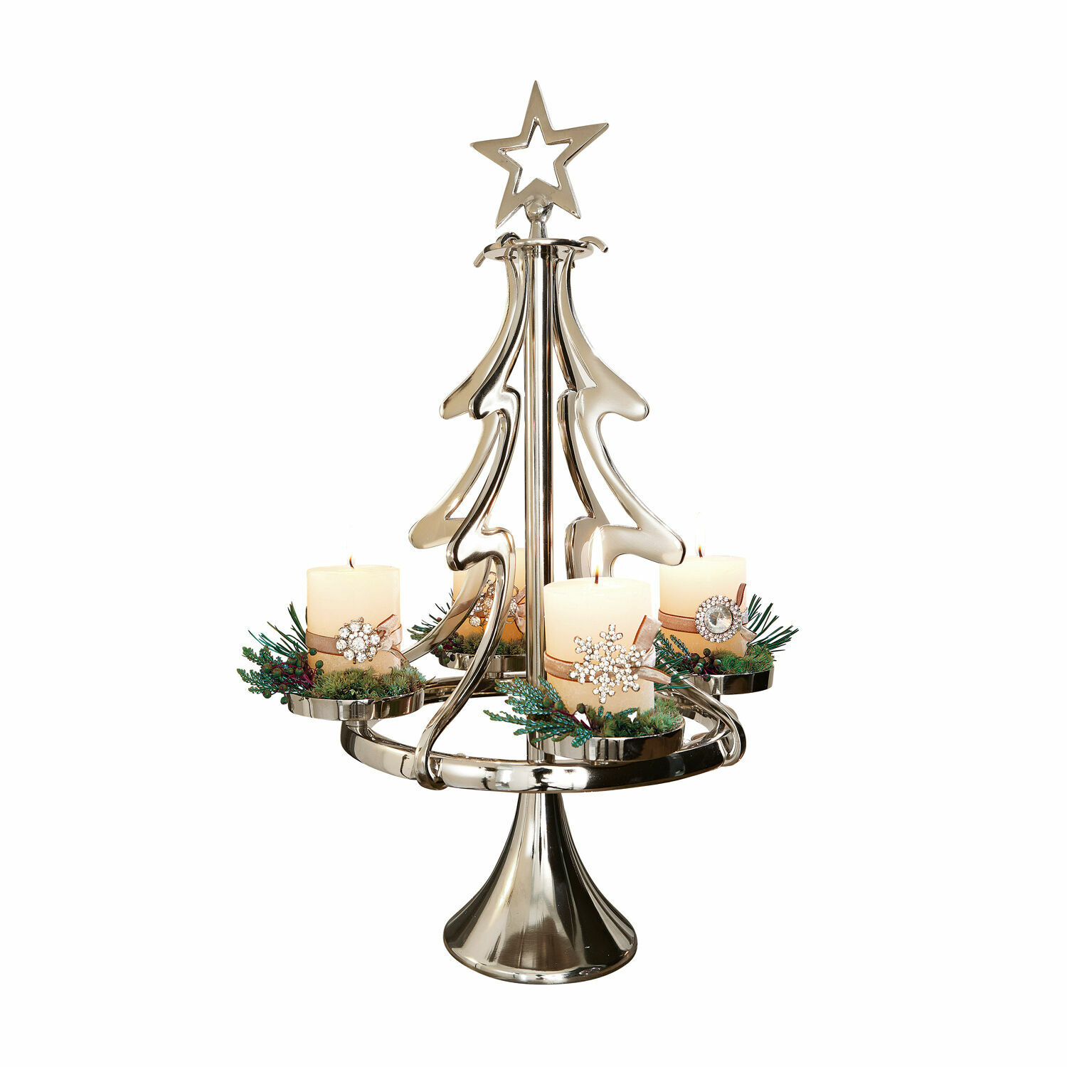 Kaarsenstandaard Gaetana Metalen kandelaar in kerstboomvorm met vier witte kaarsen en kerstdecoraties