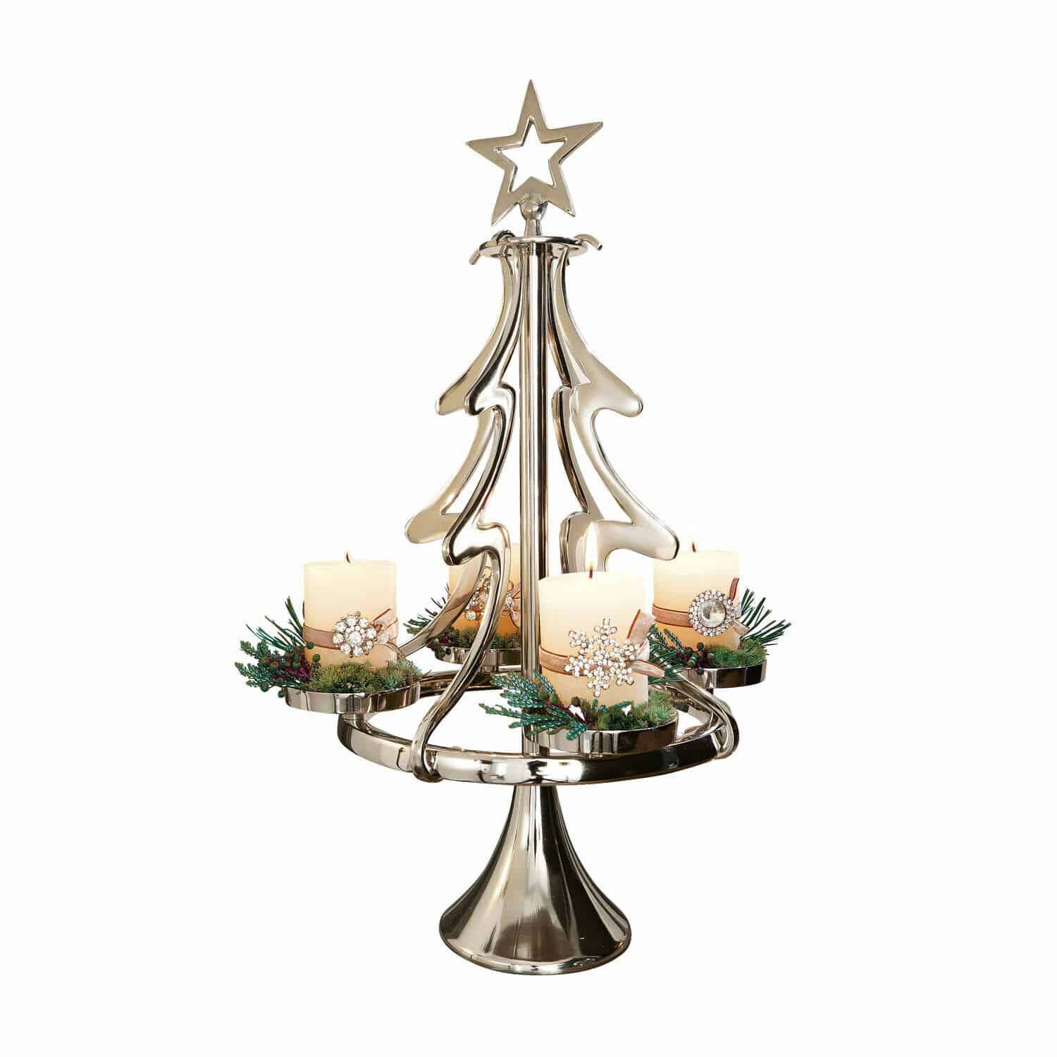 Kaarsenstandaard Gaetana Metalen kandelaar in kerstboomvorm met vier witte kaarsen en kerstdecoraties