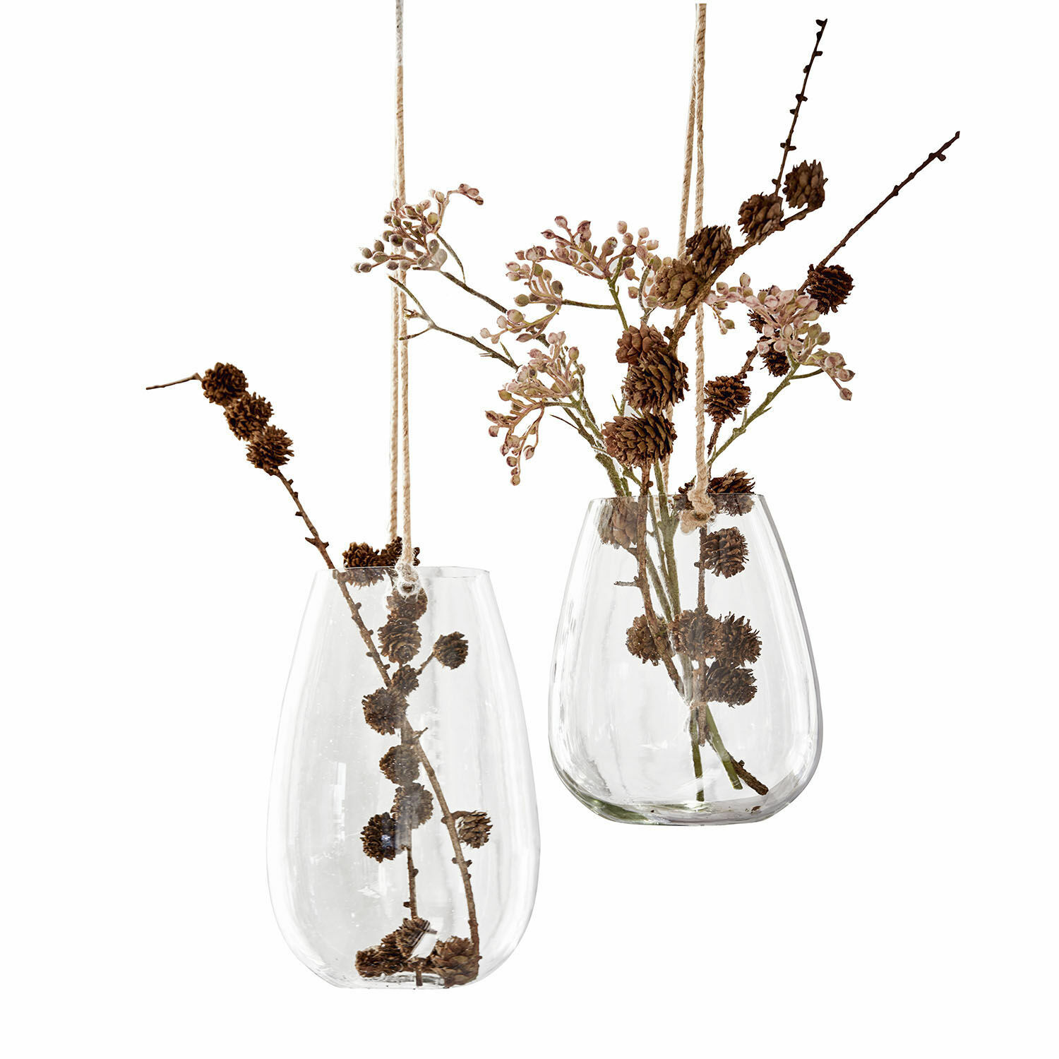 Set van twee hangende transparante glazen vazen met natuurlijke takken en decoratief touw