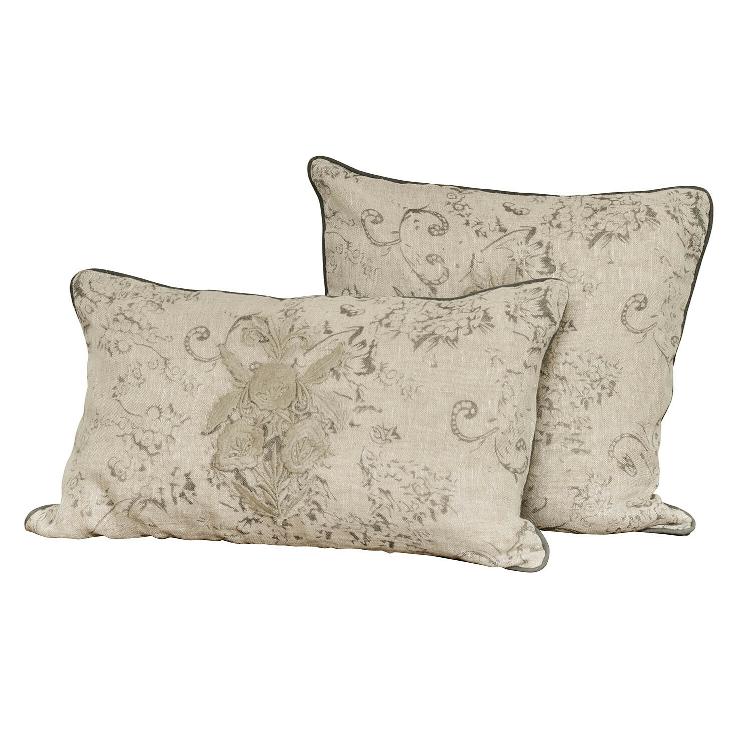 Set van twee beige linnen sierkussens met bloemmotief en grijze bies voor decoratie