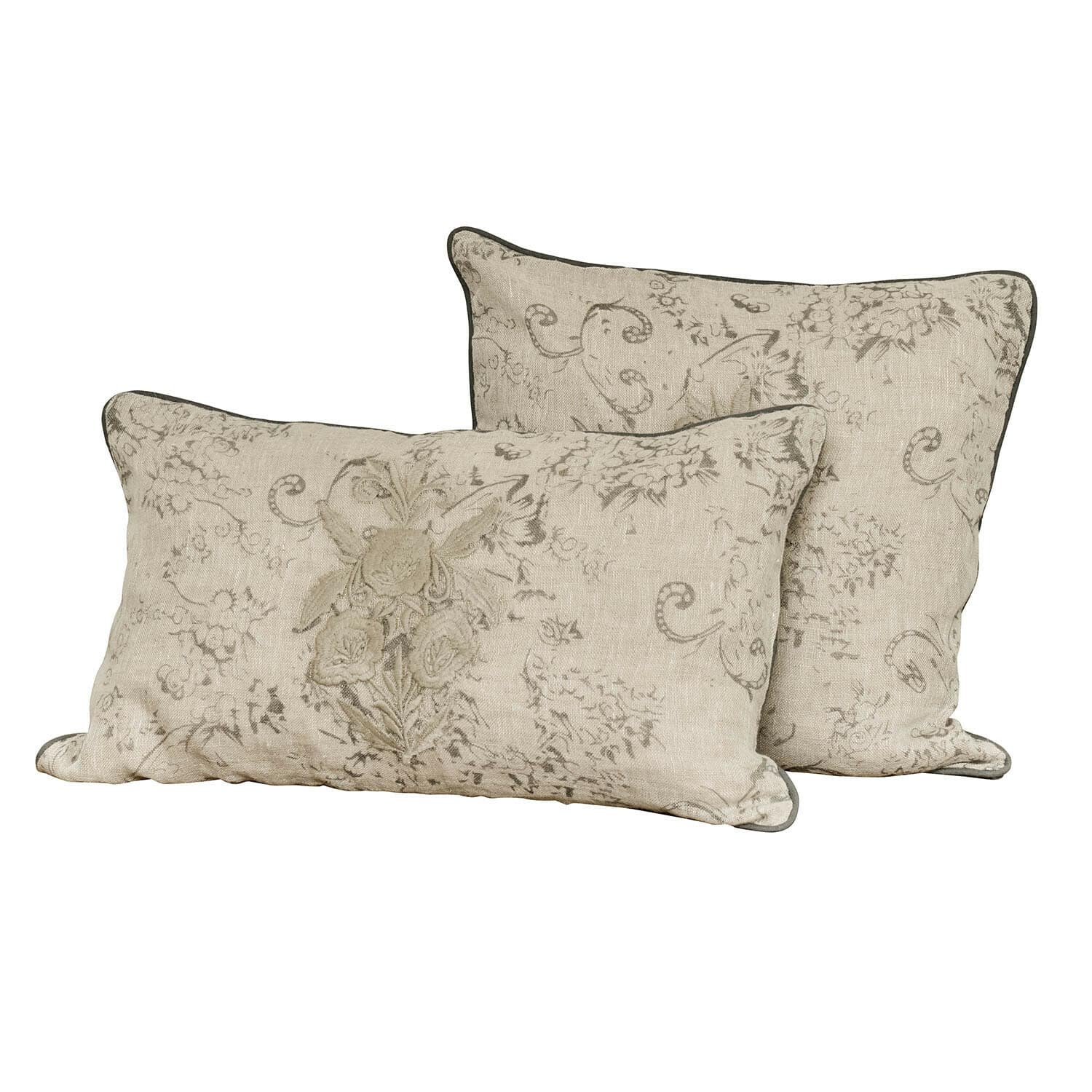 Kussenhoes set van 2 Tenerosa Set van twee beige linnen sierkussens met bloemmotief en grijze bies voor decoratie