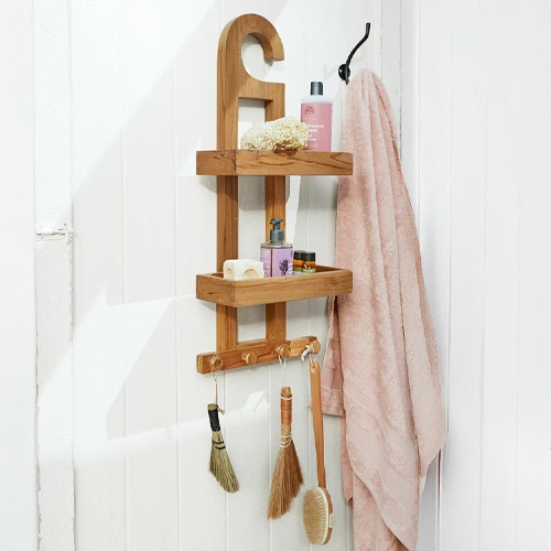 Houten badkamerrek met haken en accessoires, natuurlijke houtkleur, praktische opbergruimte