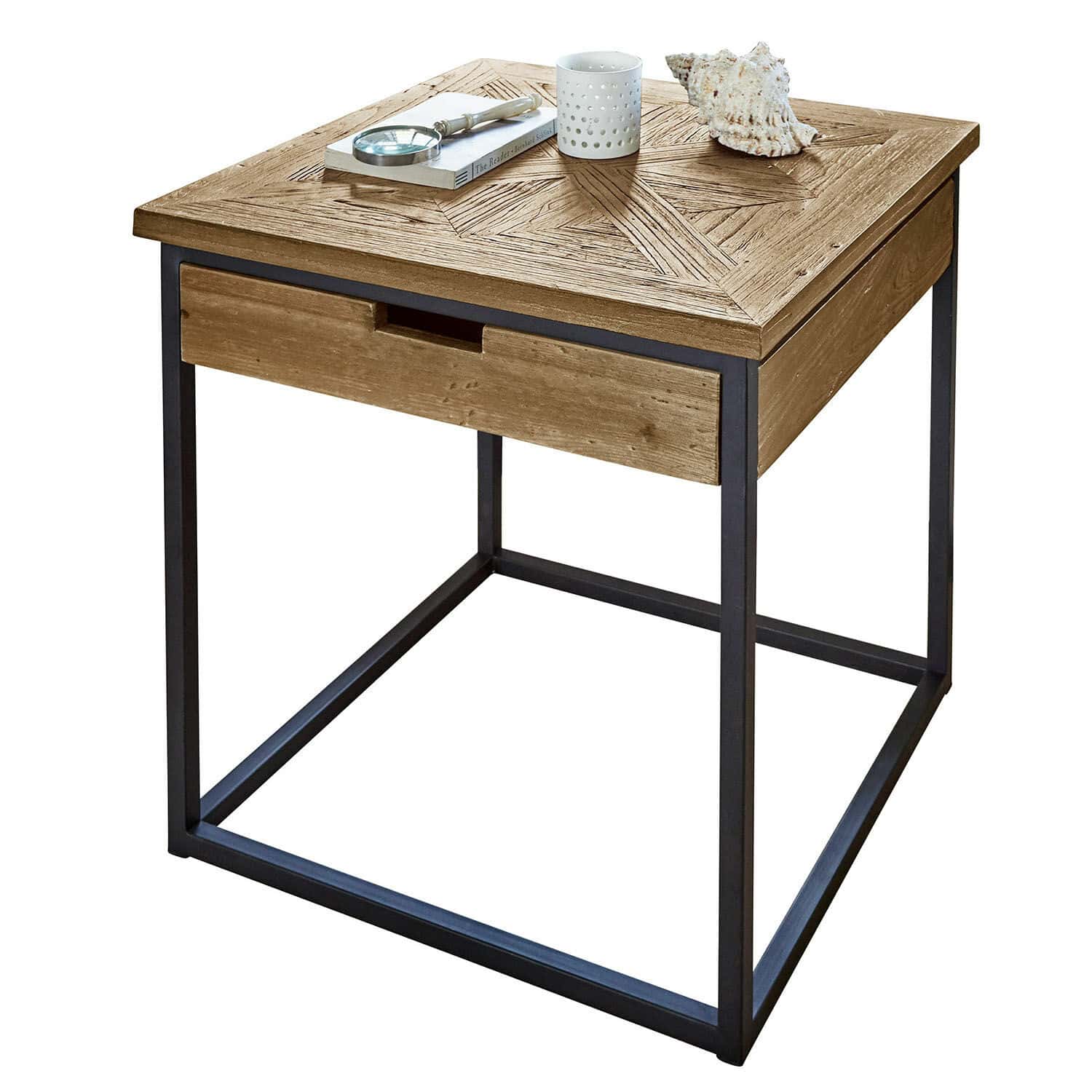 Vierkante tafel van natuurlijk hout en zwart metaal met lade en decoraties op het blad