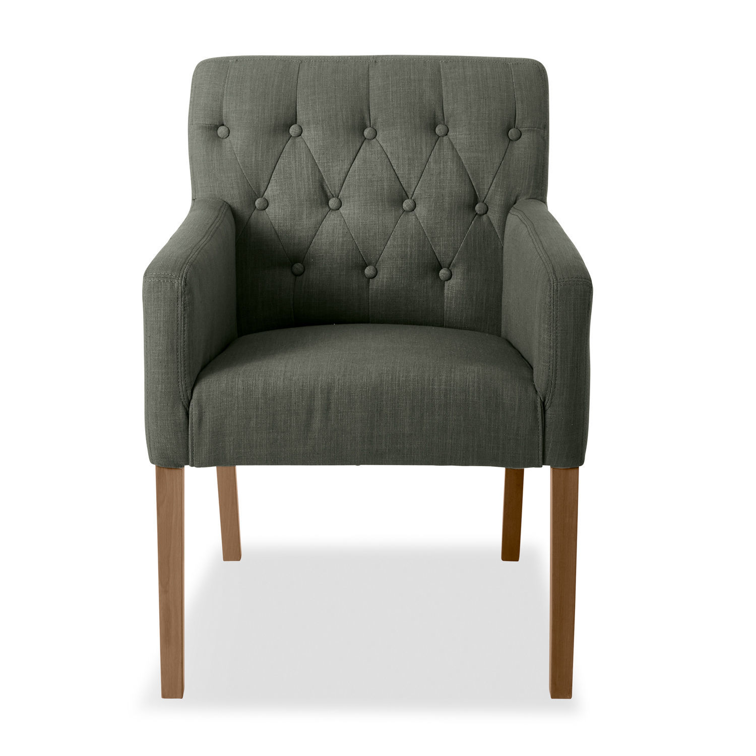 Grijze Betterton stoel van stof met gestikte rugleuning en houten poten voor woonkamer