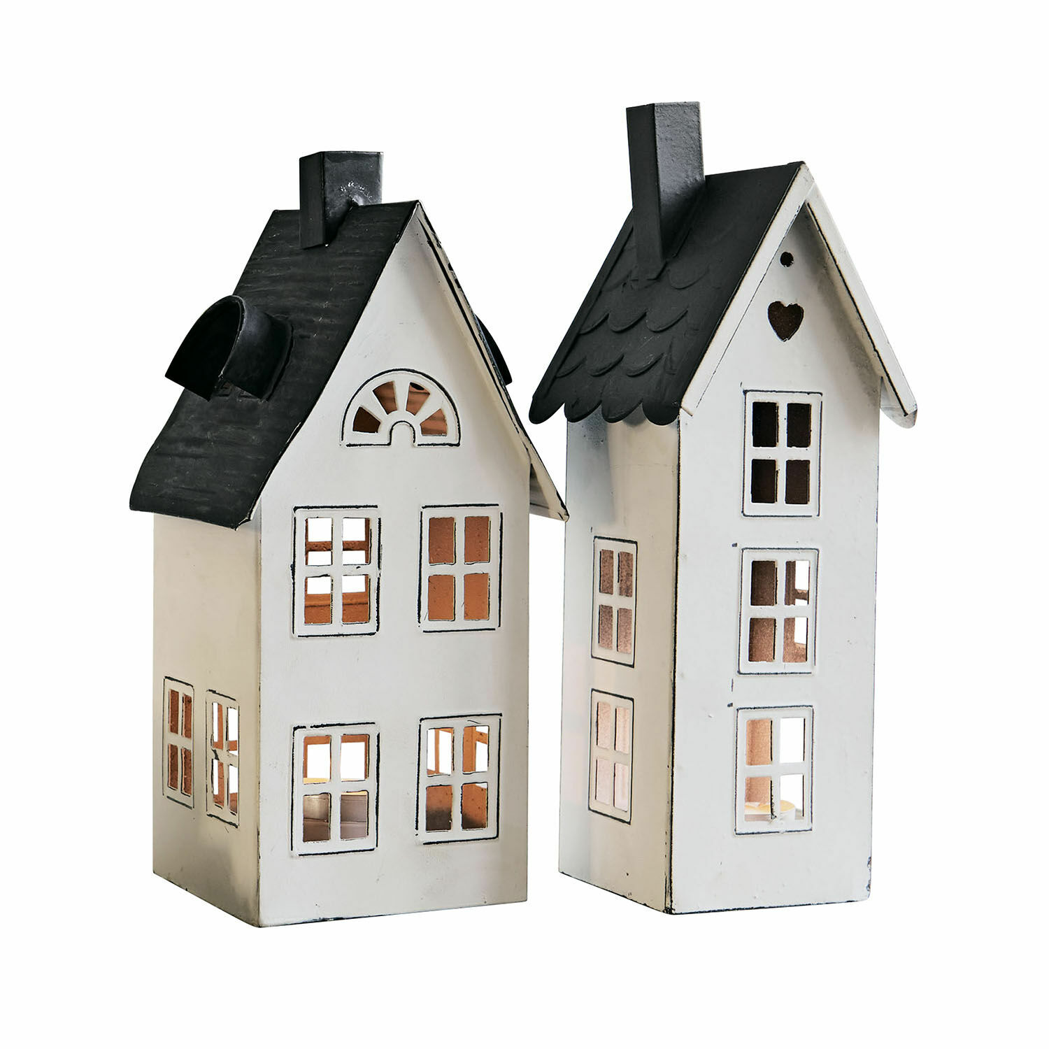 Lantaarn set van 2 Gunar Decoratieve metalen huisjes in wit met zwarte daken, stijlvolle binnen- en buitendecoratie