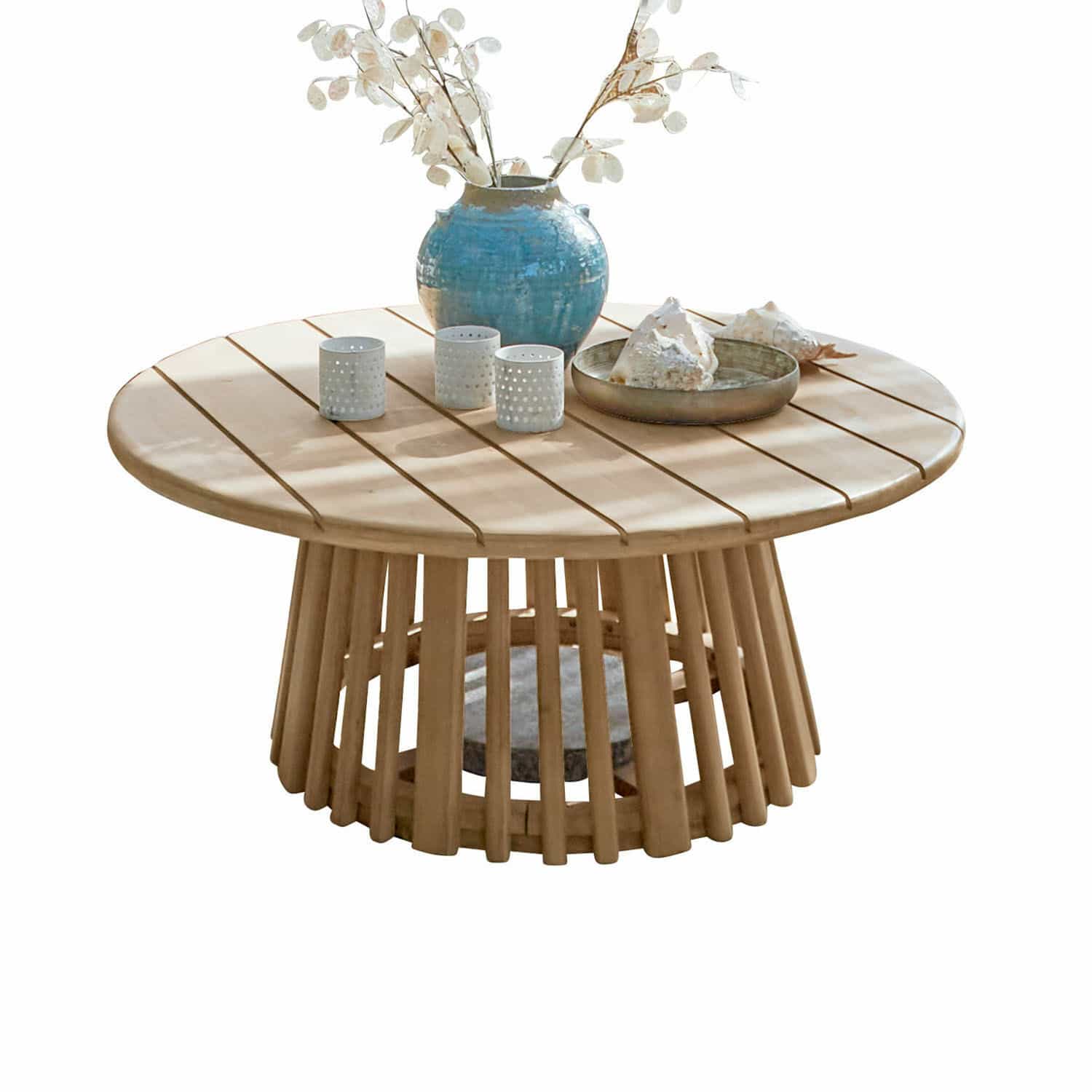 Salontafel FSC®-100% Tewsbury Ronde salontafel van licht hout met decoraties op het blad voor de woonkamer