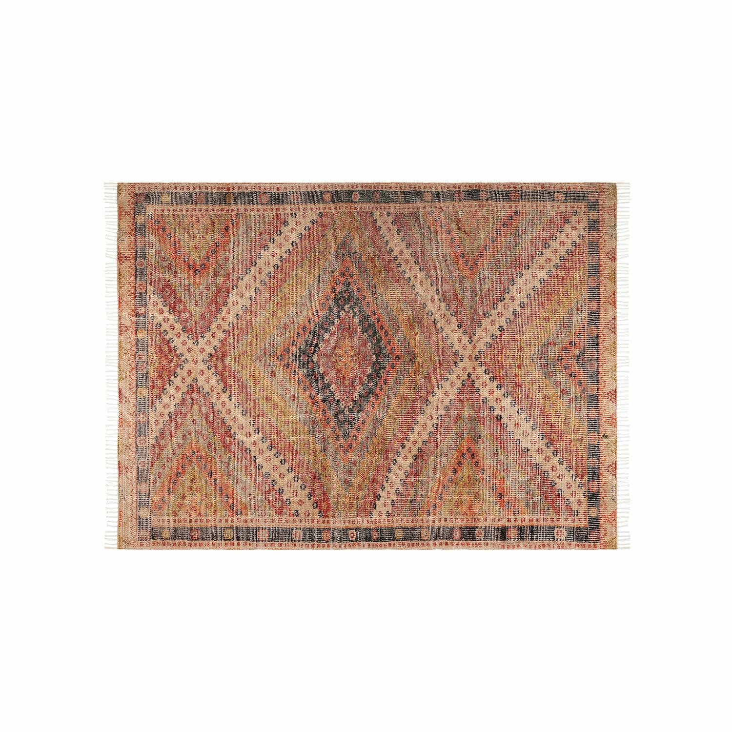 Vloerkleed voor binnen en buiten Mildura Geweven vloerkleed met geometrisch patroon in warme beige en rode tinten, etnische stijl.