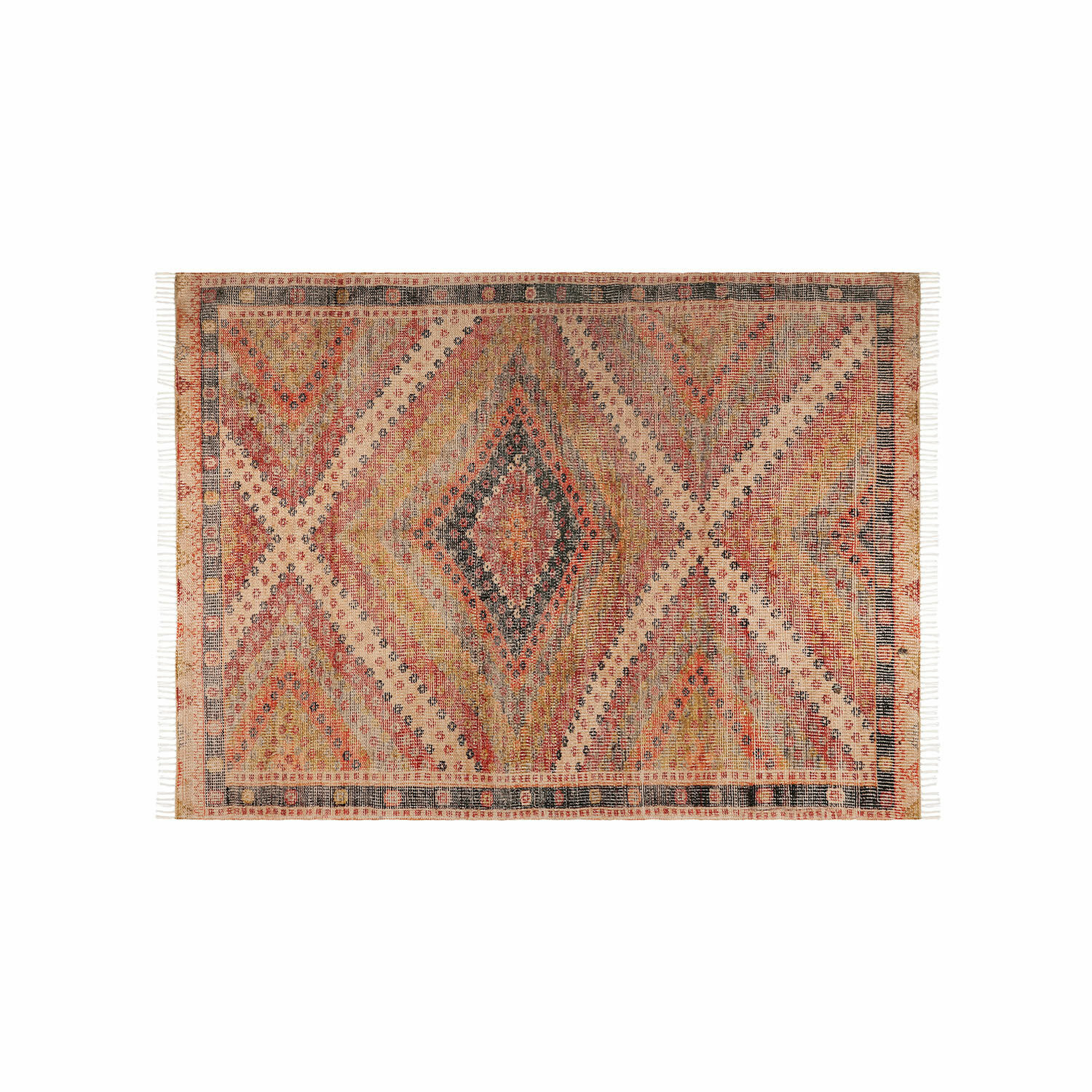 Vloerkleed voor binnen en buiten Mildura Geweven vloerkleed met geometrisch patroon in warme beige en rode tinten, etnische stijl.