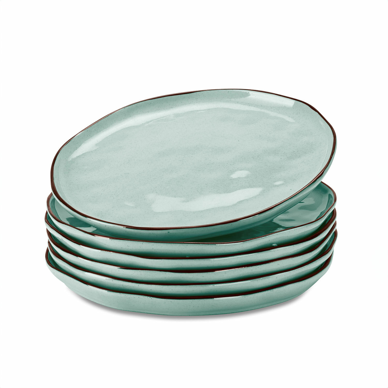 turquoise Set van 6 turquoise keramische Biarritz borden met bruine rand voor de eettafel