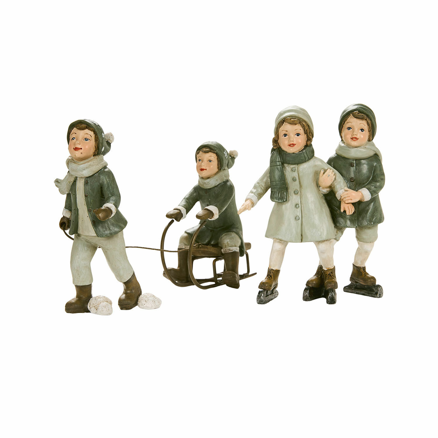 groen Set van kinderfiguren in groene winterkleding die sleeën en schaatsen