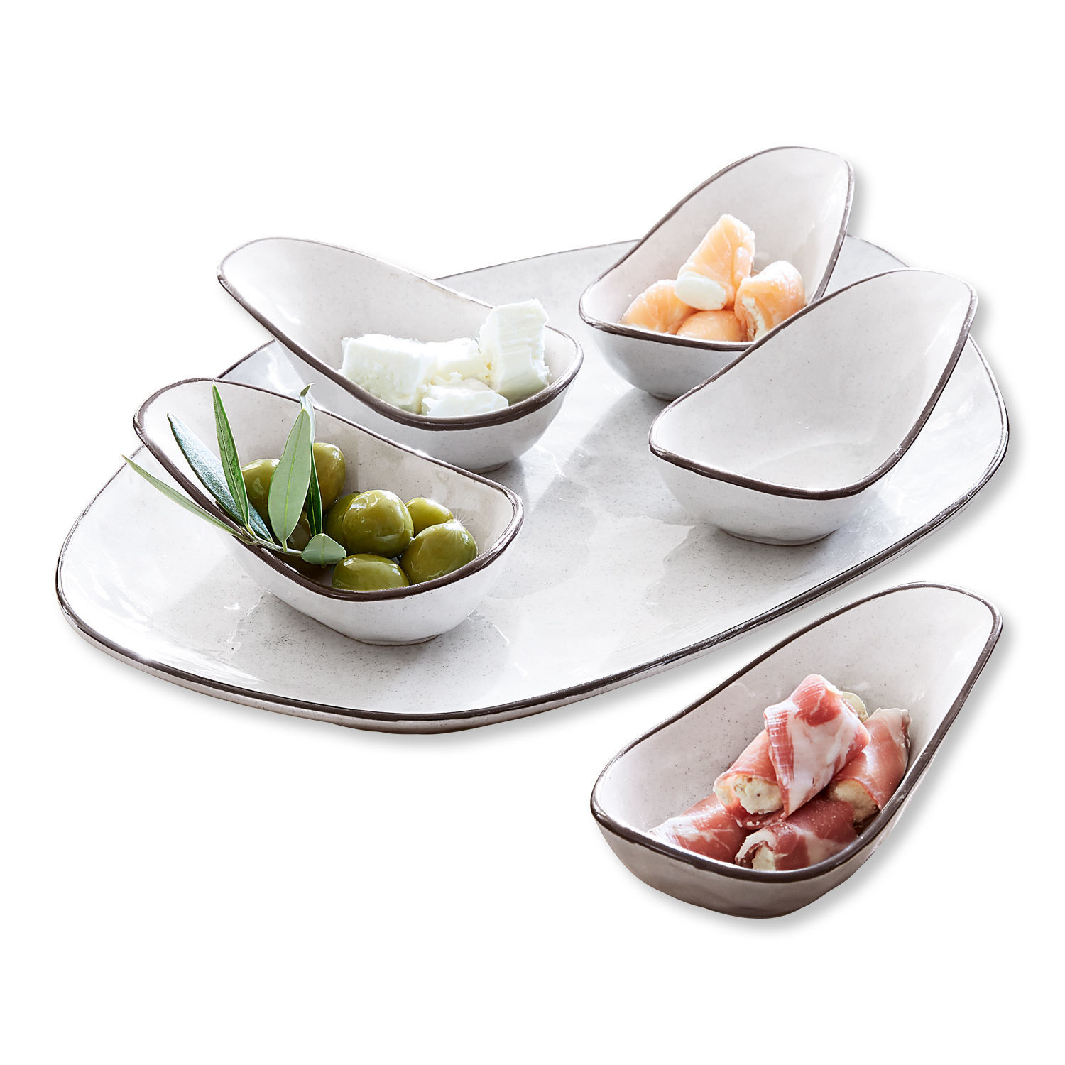 Serveerschaal set van 6 Biarré Set crèmekleurige keramische schaaltjes met bruine rand voor snacks en olijven