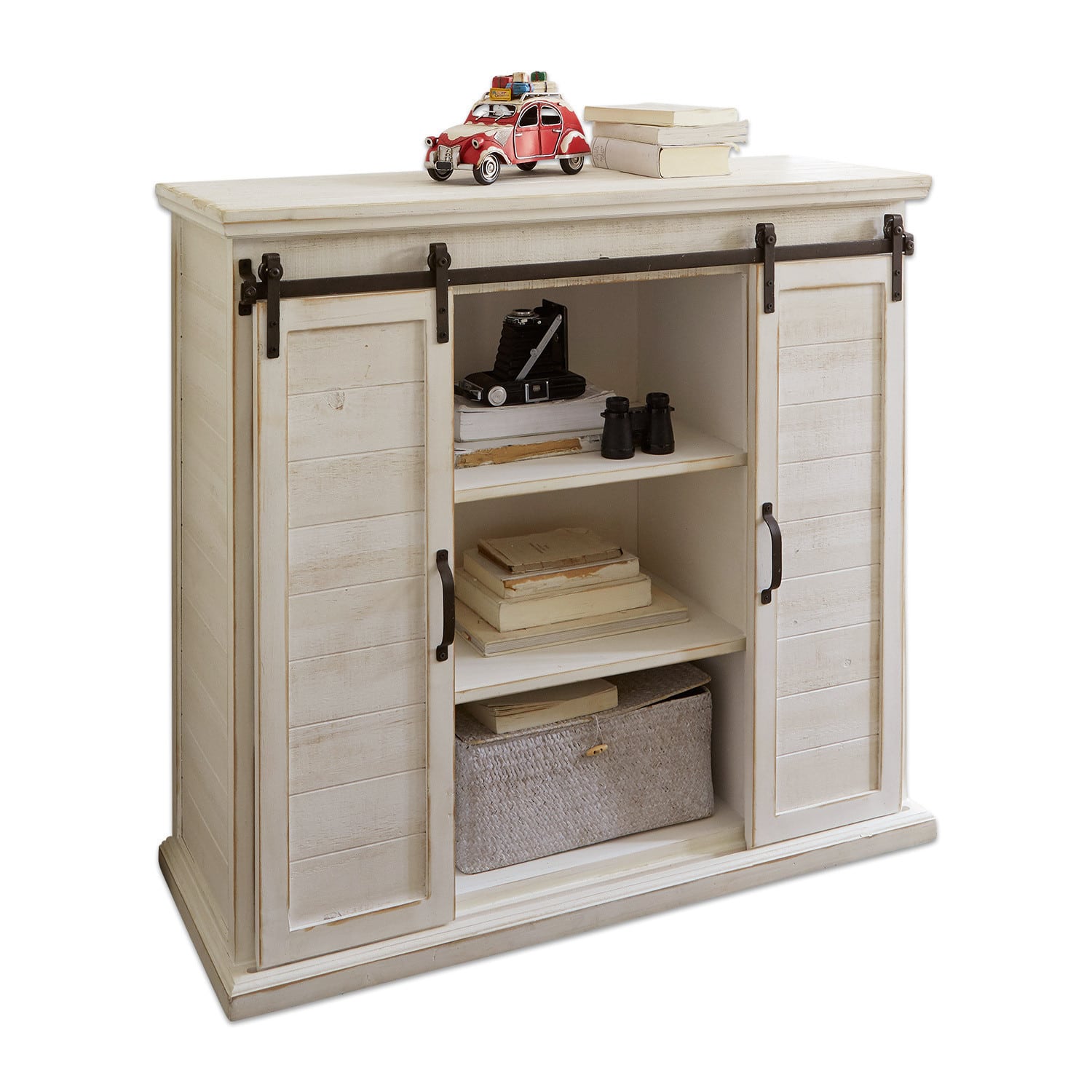 Kast Perrin Witte houten kast met schuifdeuren en planken voor boeken en decoratie