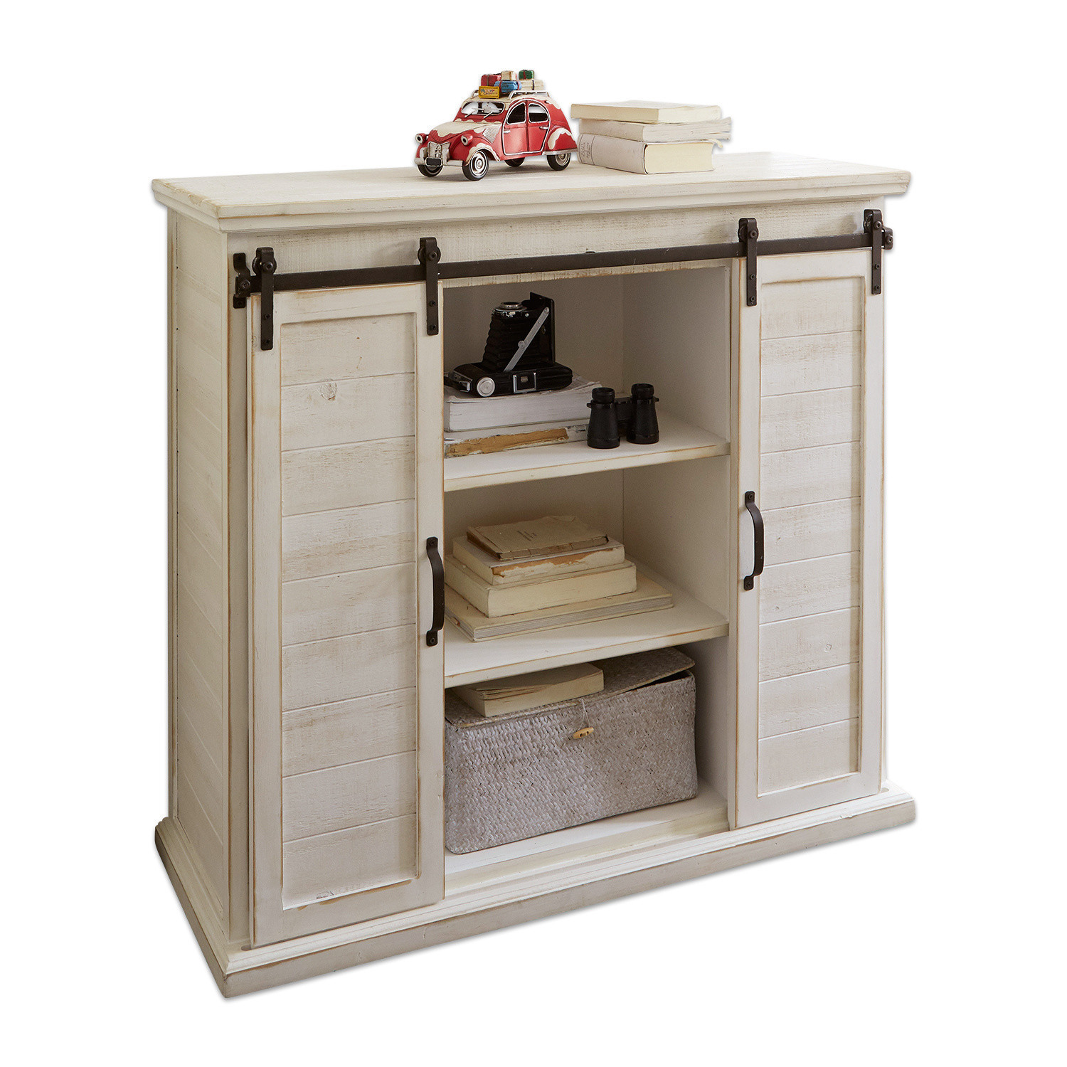 Kast Perrin Witte houten kast met schuifdeuren en planken voor boeken en decoratie
