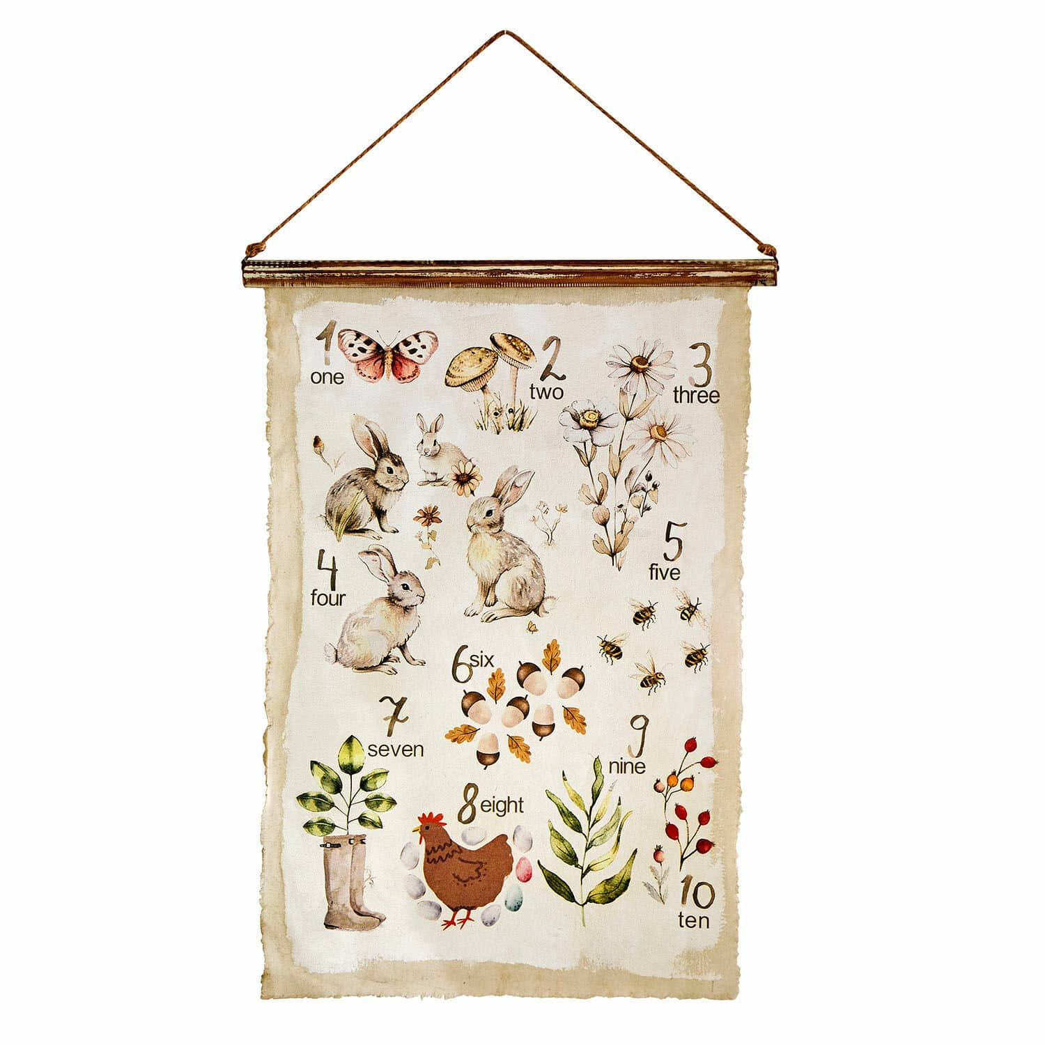 Poster Kalhira Decoratieve poster met cijfers en illustraties van konijnen, bloemen en dieren op beige achtergrond