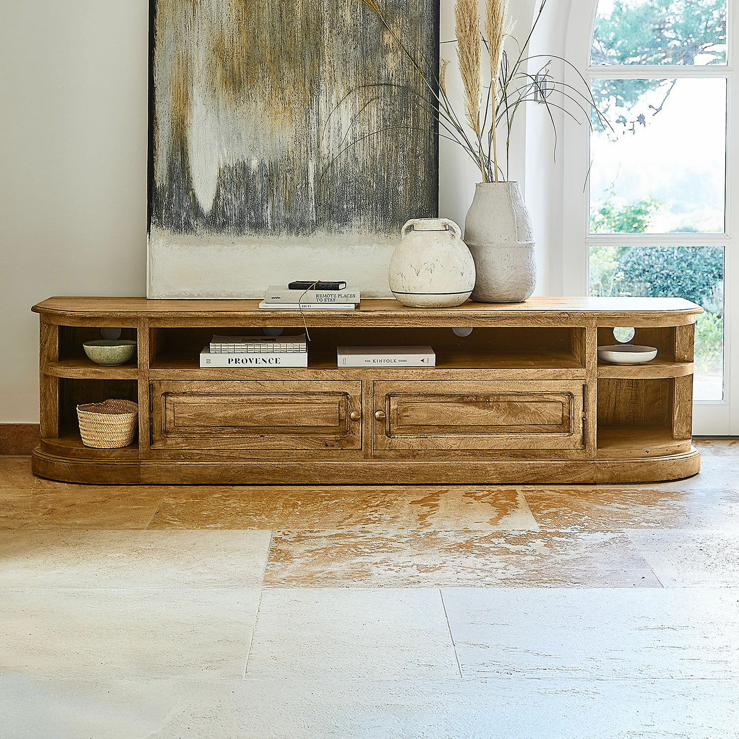 Dressoir Wendalique Houten tv-meubel in natuurlijke kleur met planken en lades voor woonkamer