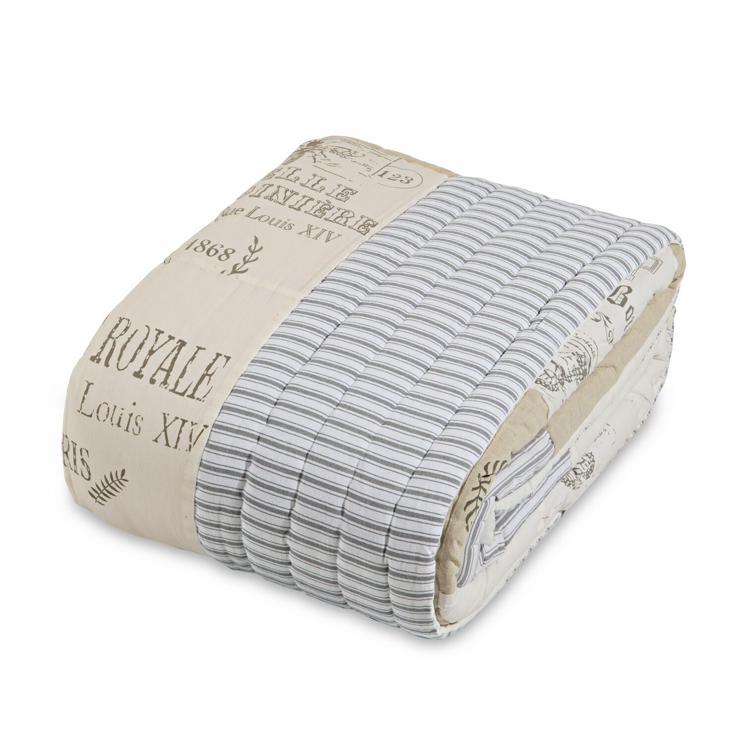 Quilt Framingham Gewatteerde katoenen sprei in beige en grijs met tekstprint, decoratief beddengoed