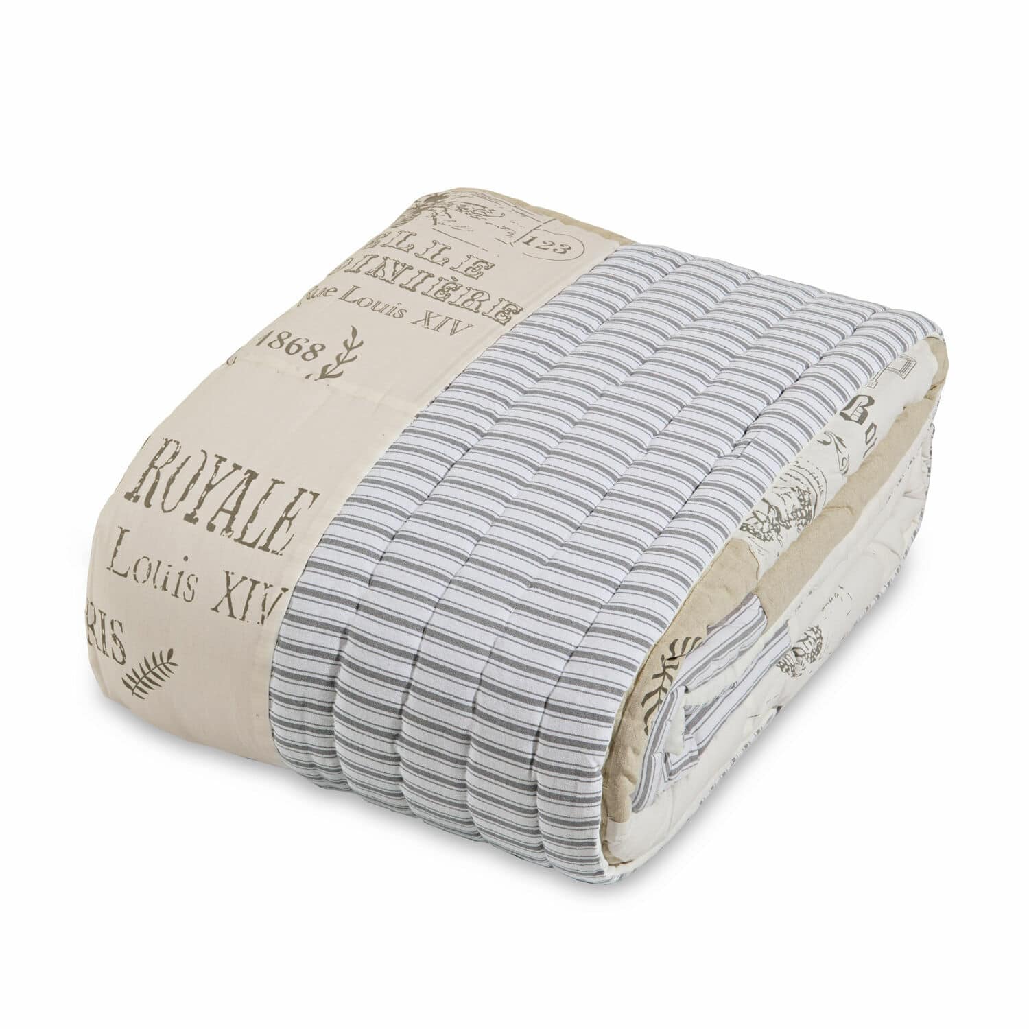 Quilt Framingham Gewatteerde katoenen sprei in beige en grijs met tekstprint, decoratief beddengoed