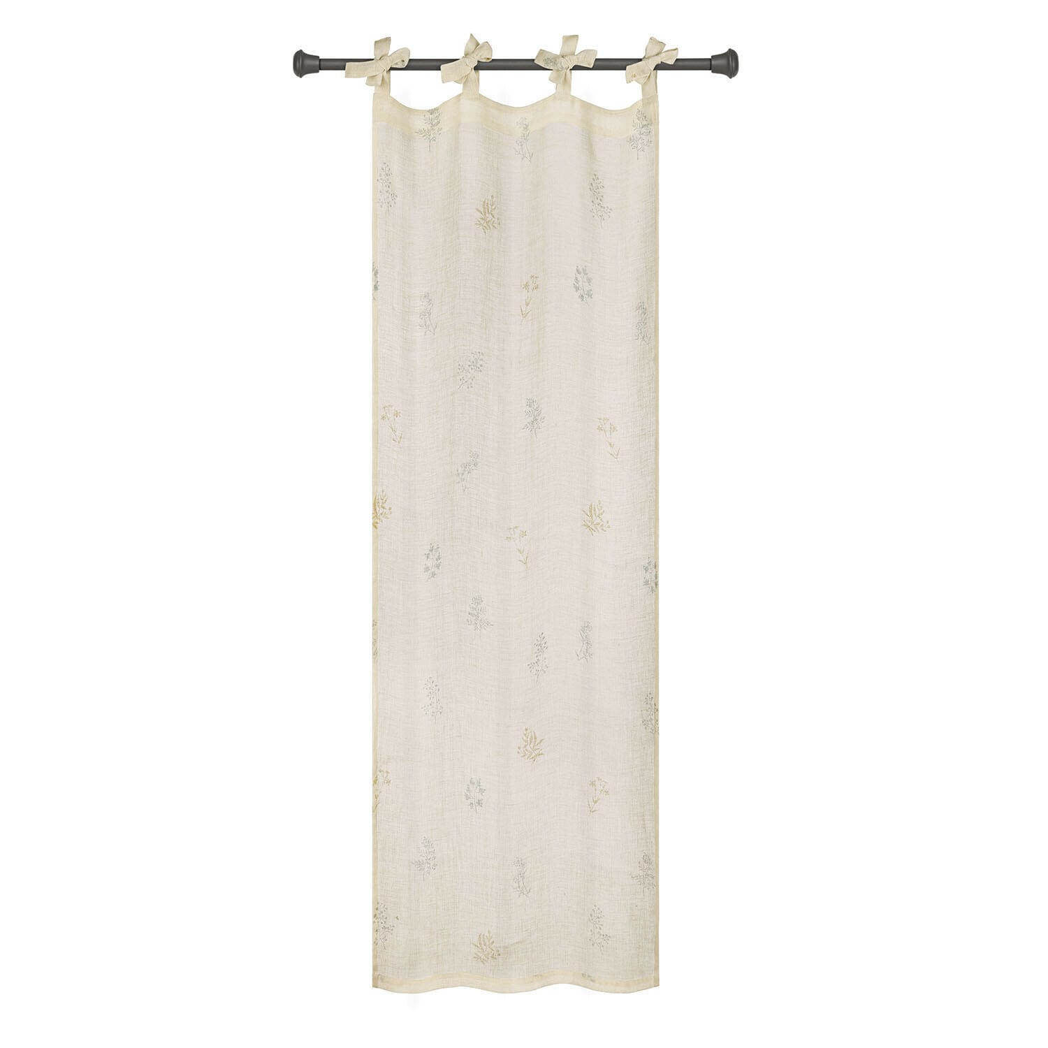 Beige katoenen gordijn met subtiel bloemenpatroon en strikjes om op te hangen