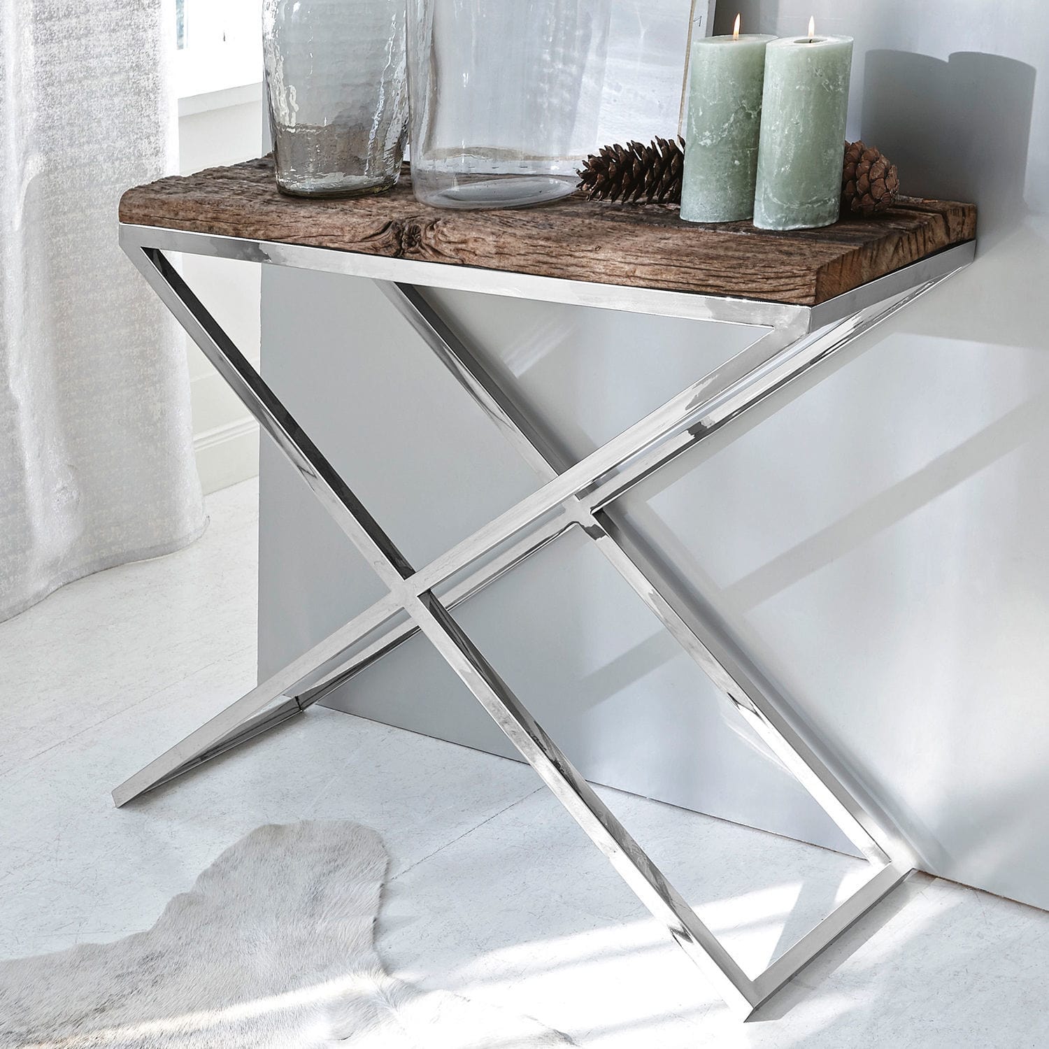 Sidetable Conor Consoles met houten blad en zilverkleurig metalen frame, modern meubel voor woonkamer