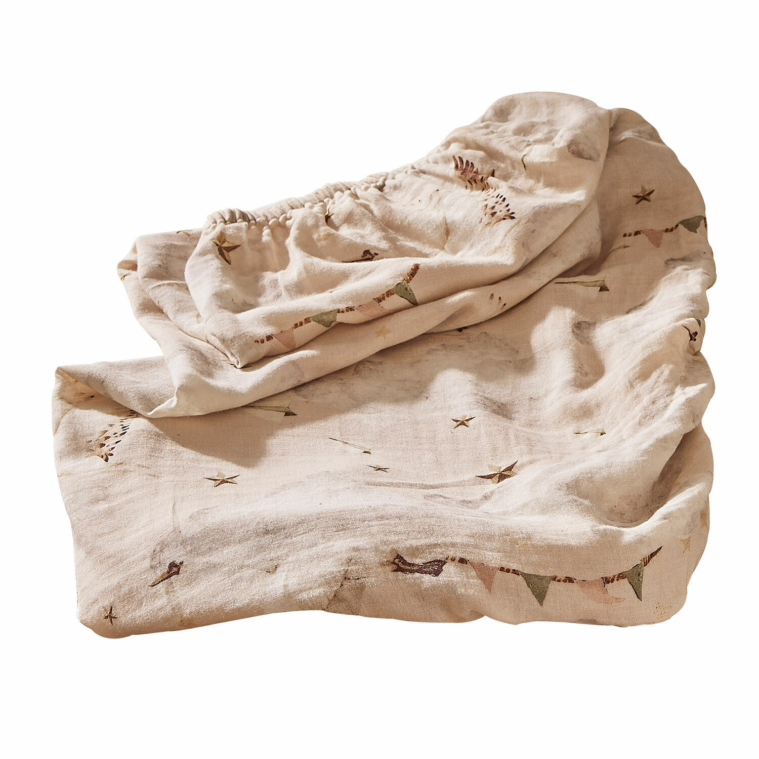 Aankleedkussenhoes Bellise Beige linnen hoeslaken met subtiel sterren- en vlaggenpatroon, zachte ademende stof voor slaapkamer
