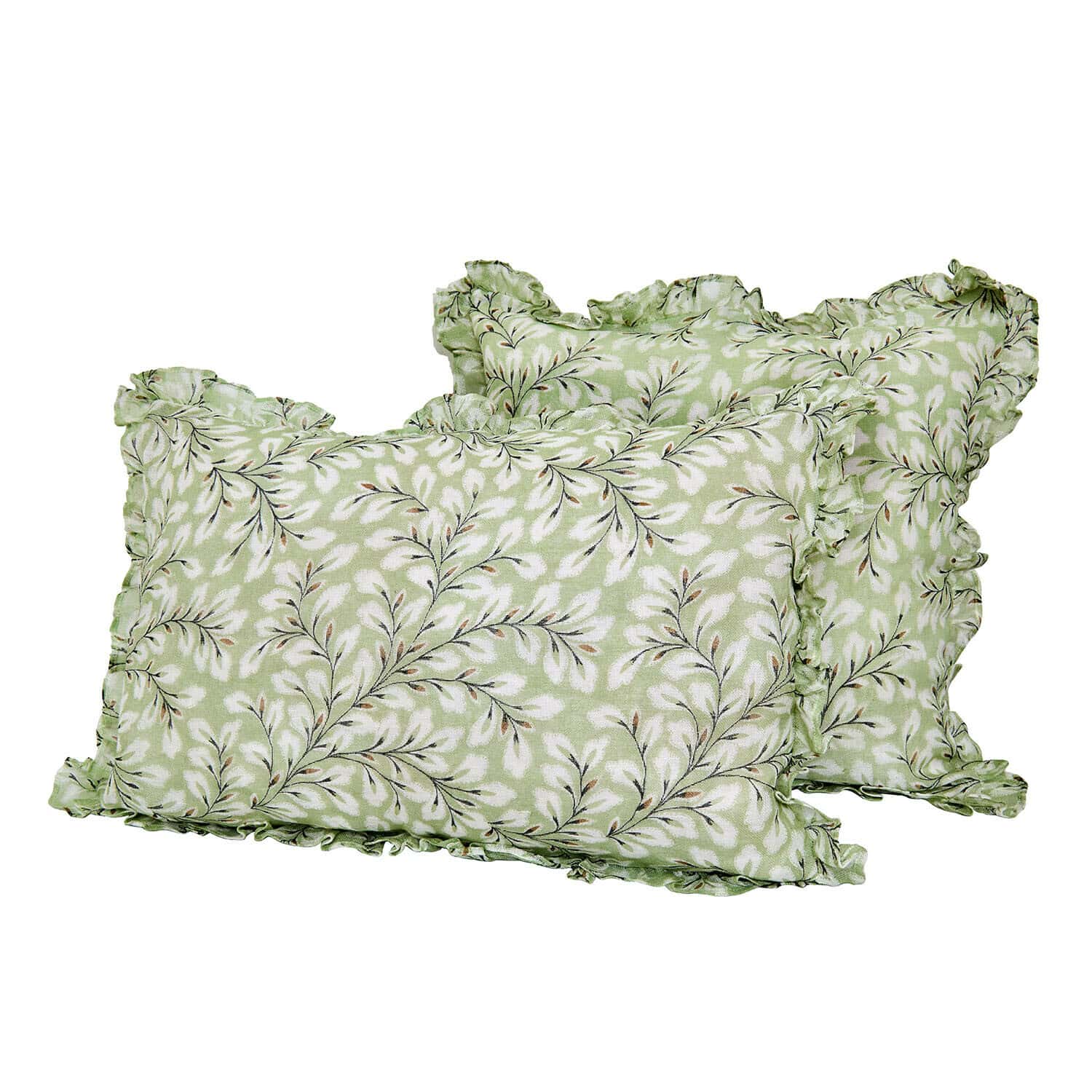 Kussenhoes set van 2 Norelline Groene katoenen kussens met wit bladmotief en ruches, stijlvolle woondecoratie