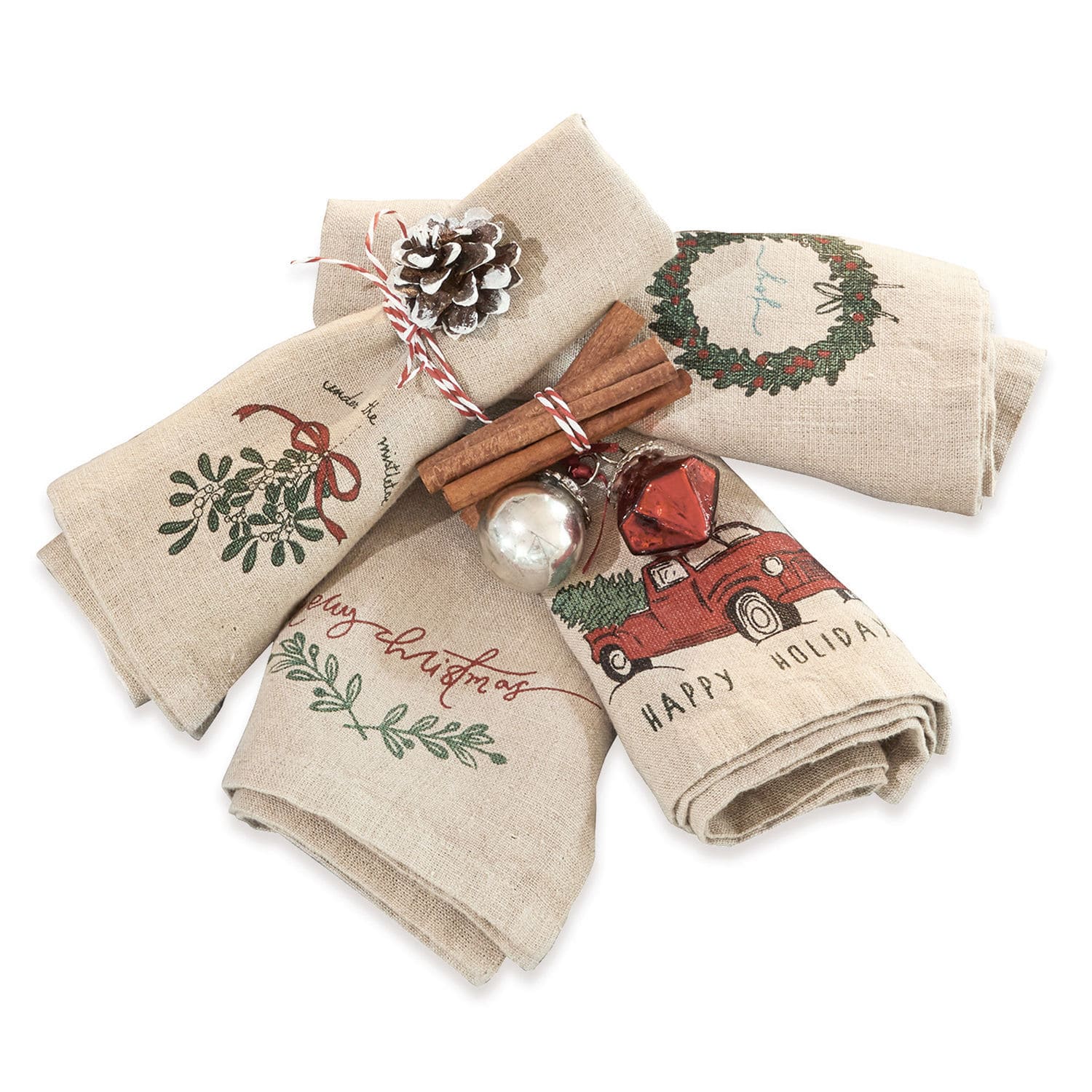 Servet set van 4 Camon Linnen theedoeken met kerstmotieven in rood en groen, feestelijke keukenaccessoires