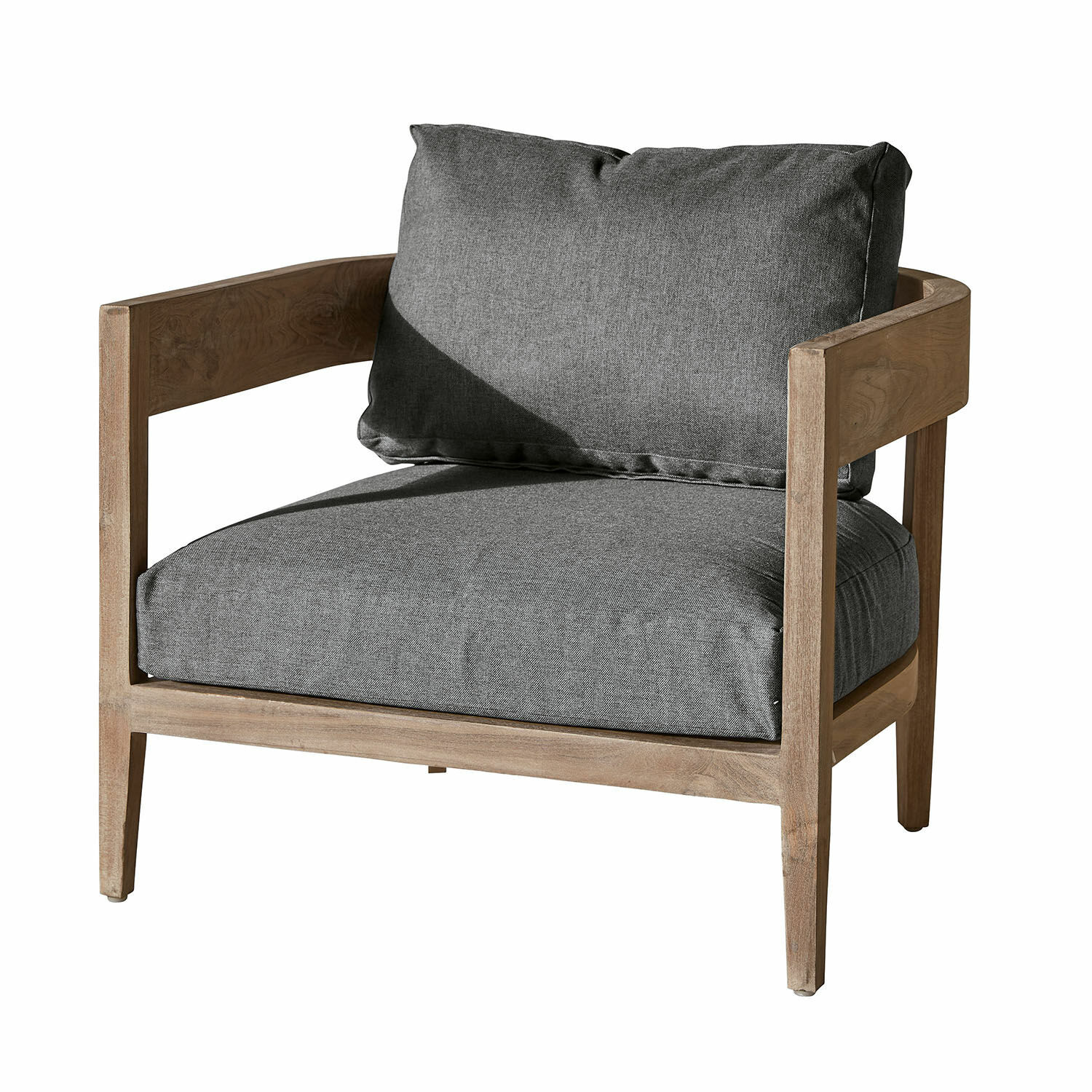 grijs/bruin Fauteuil Courtelevant met grijze stof en bruine houten frame, moderne woonkamerstoel