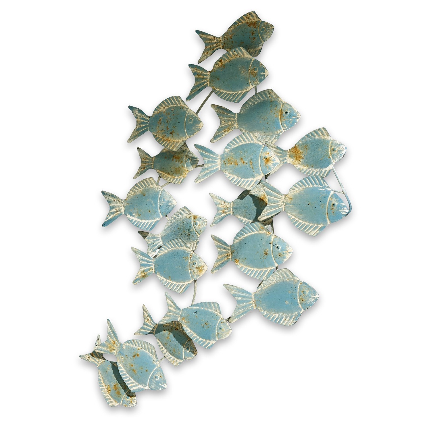 Wandornament Pesce Wanddecoratie van metaal met groep blauwe vissen en verouderde afwerking voor maritieme stijl