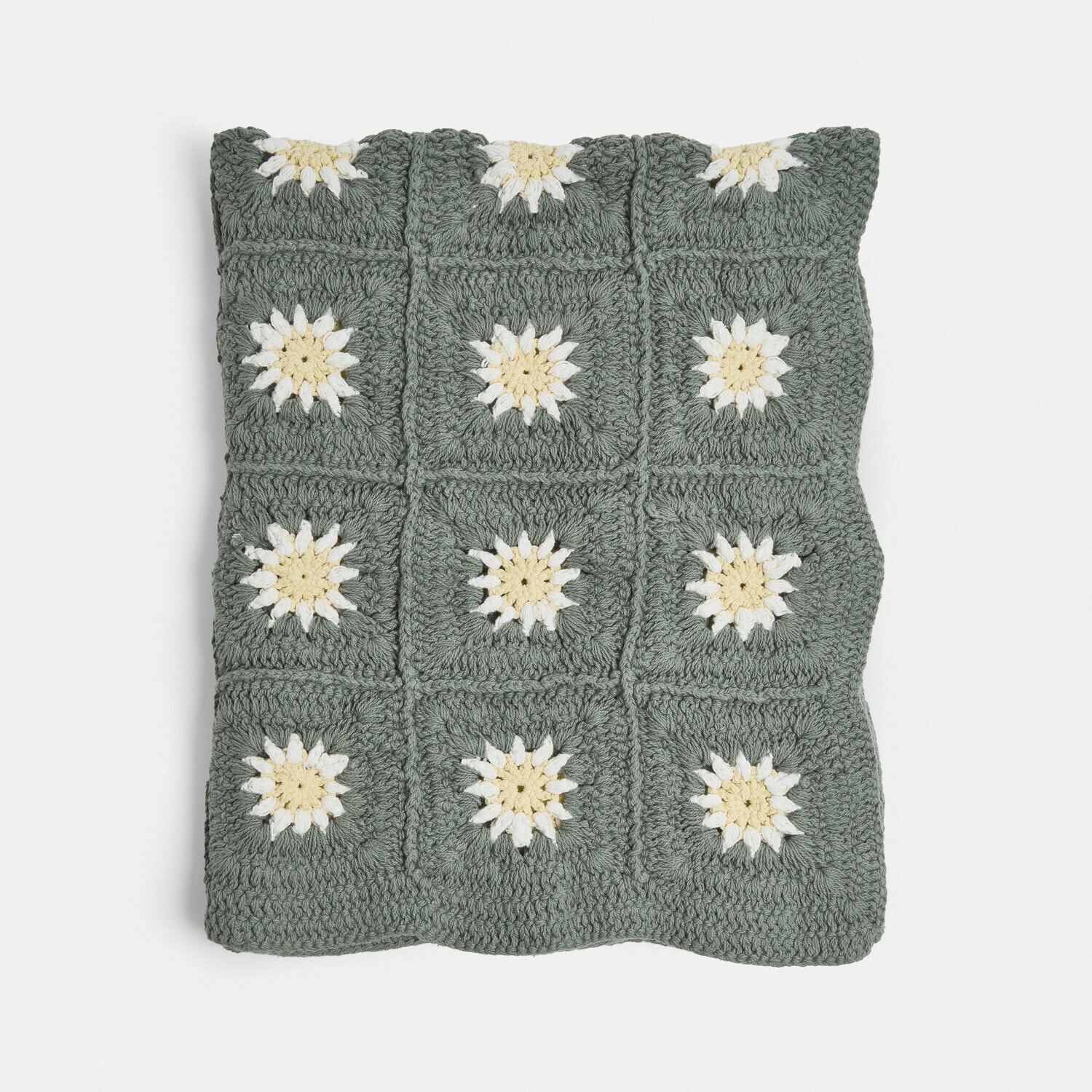 Plaid Poppeline Handgehaakt kussen met bloemmotief in groen en crème, decoratie voor in huis
