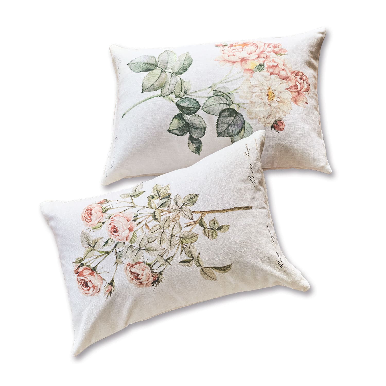 Kussenhoes set van 2 Girona Twee witte linnen kussens met pastelroze rozenprint voor interieurdecoratie
