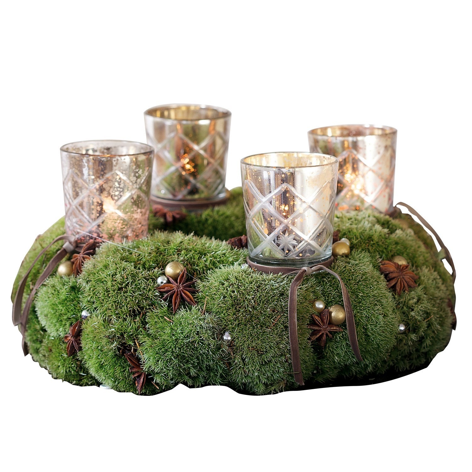 Insteekwindlicht set van 4 Clara Adventskrans van groen mos met gouden glazen theelichthouders voor kerstdecoratie