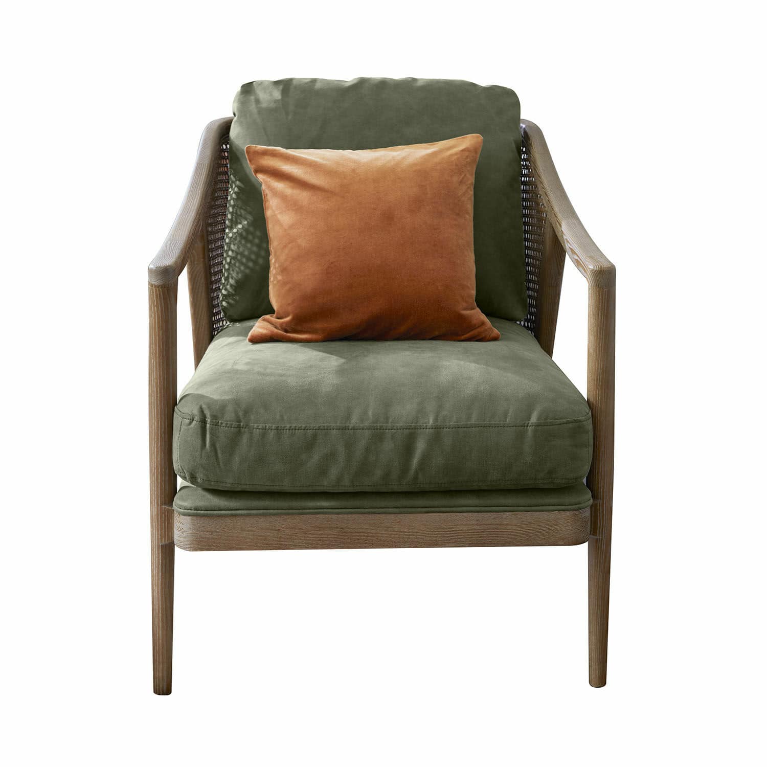 Fauteuil Monterina Fauteuil met houten frame, groene stofbekleding en oranje sierkussen