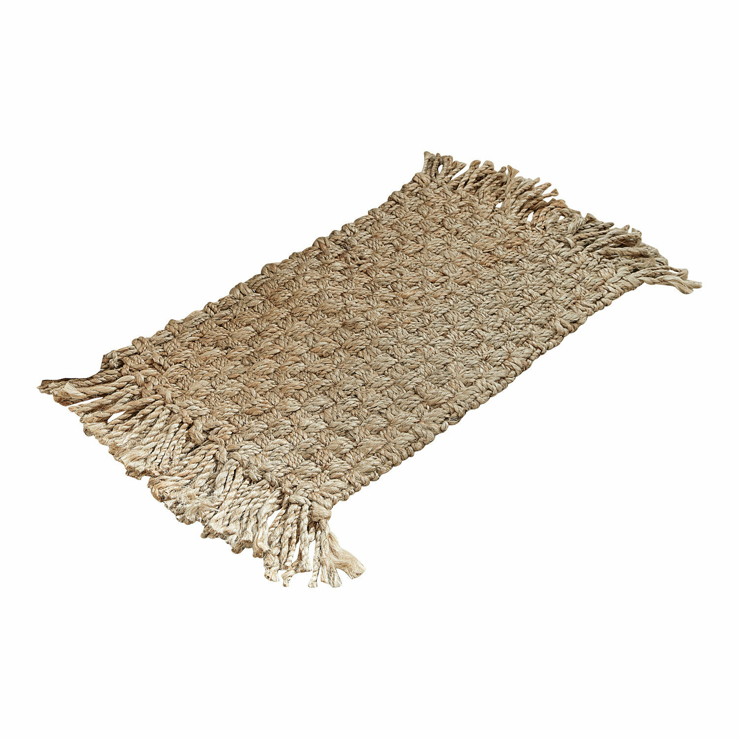 Bruine deurmat van gevlochten materiaal met franjes, duurzame vloermat voor thuis