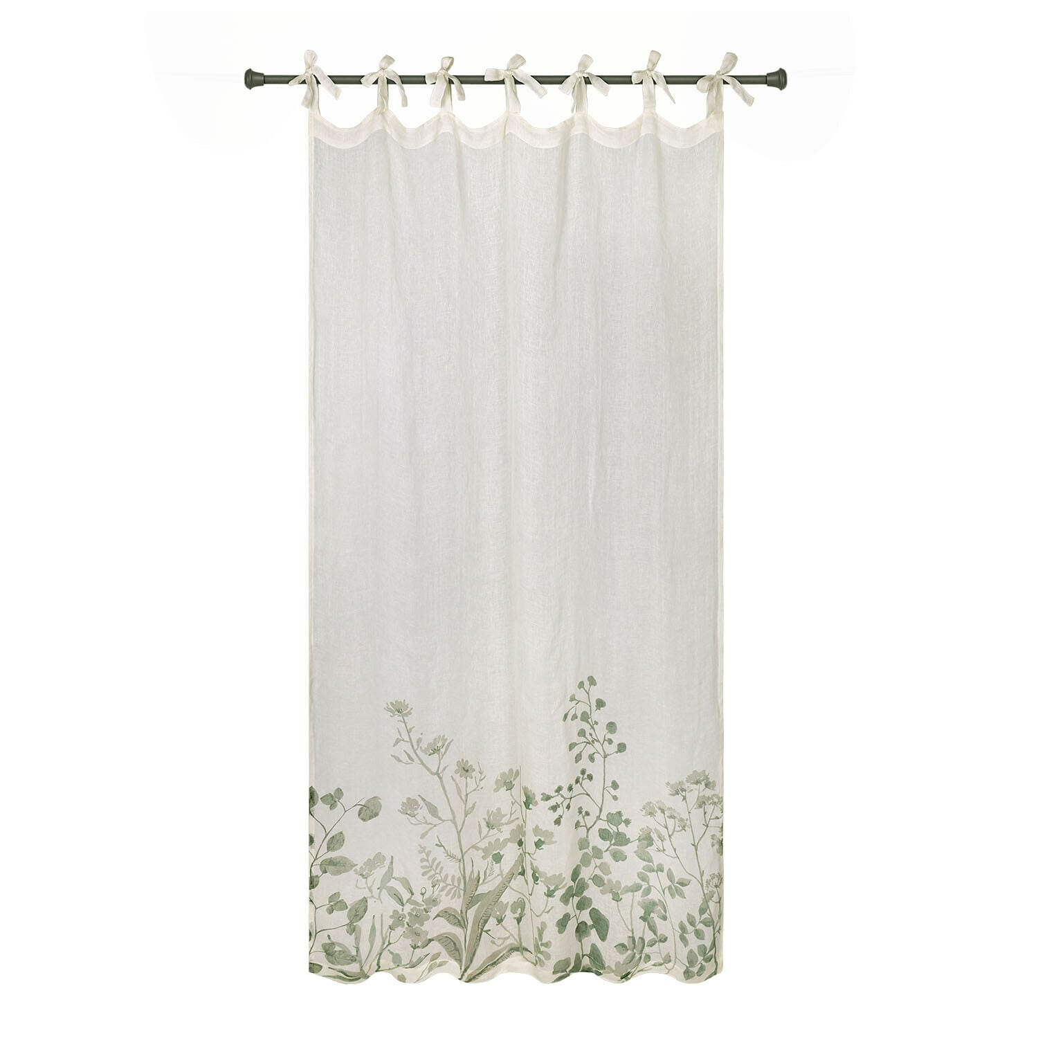 Gordijn Floriale Witte linnen gordijn met groen plantenmotief onderaan, licht en decoratief voor interieur