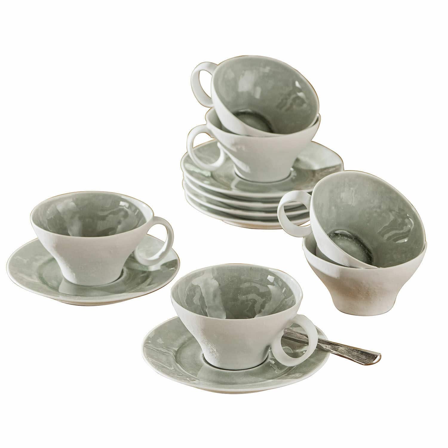 Kopje met schoteltje set van 6 Braganza Set keramische kopjes en schotels in grijs-witte kleur voor koffie of thee