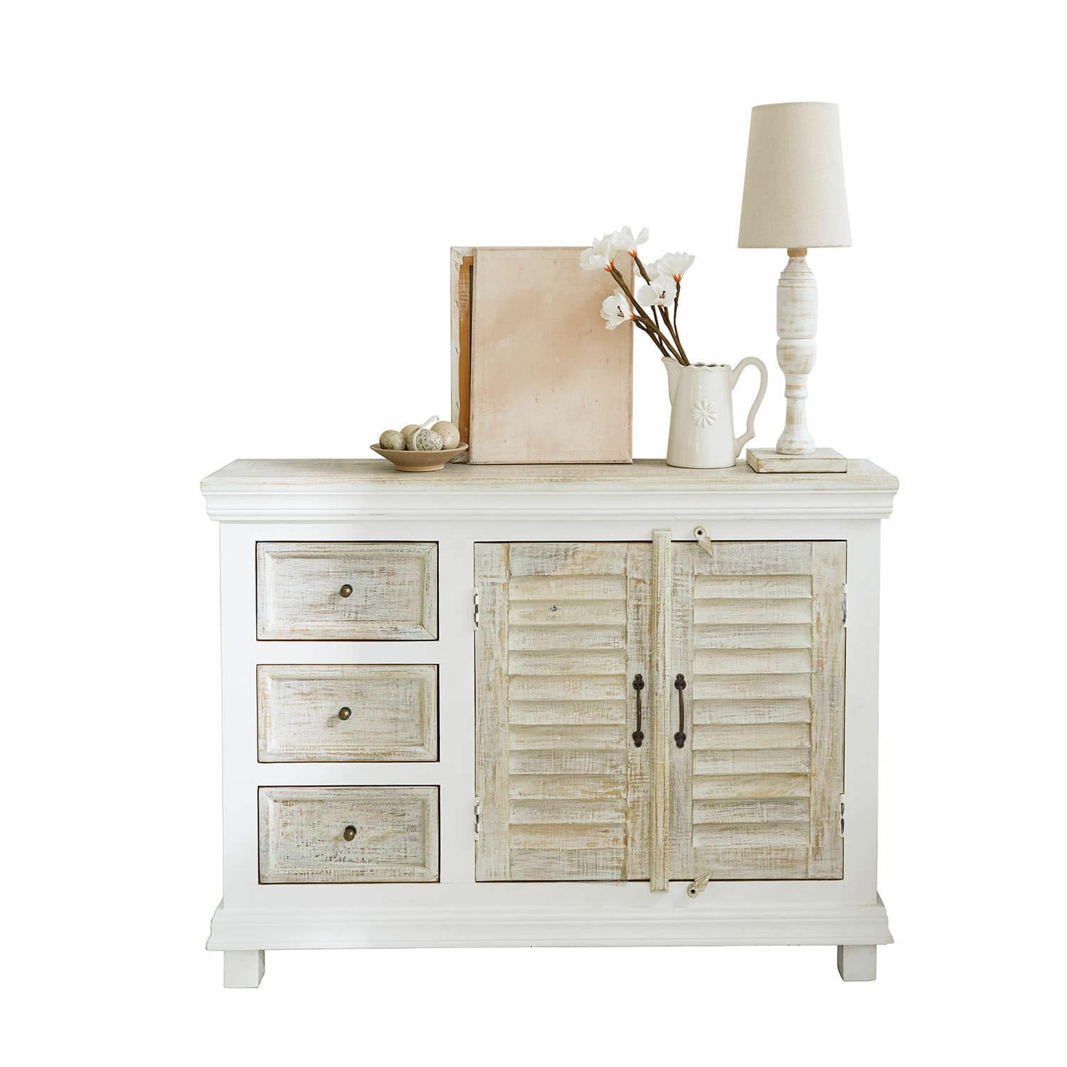 Ladekast Nevellique Witte houten ladekast met drie lades en twee deuren in vintage stijl met decoraties