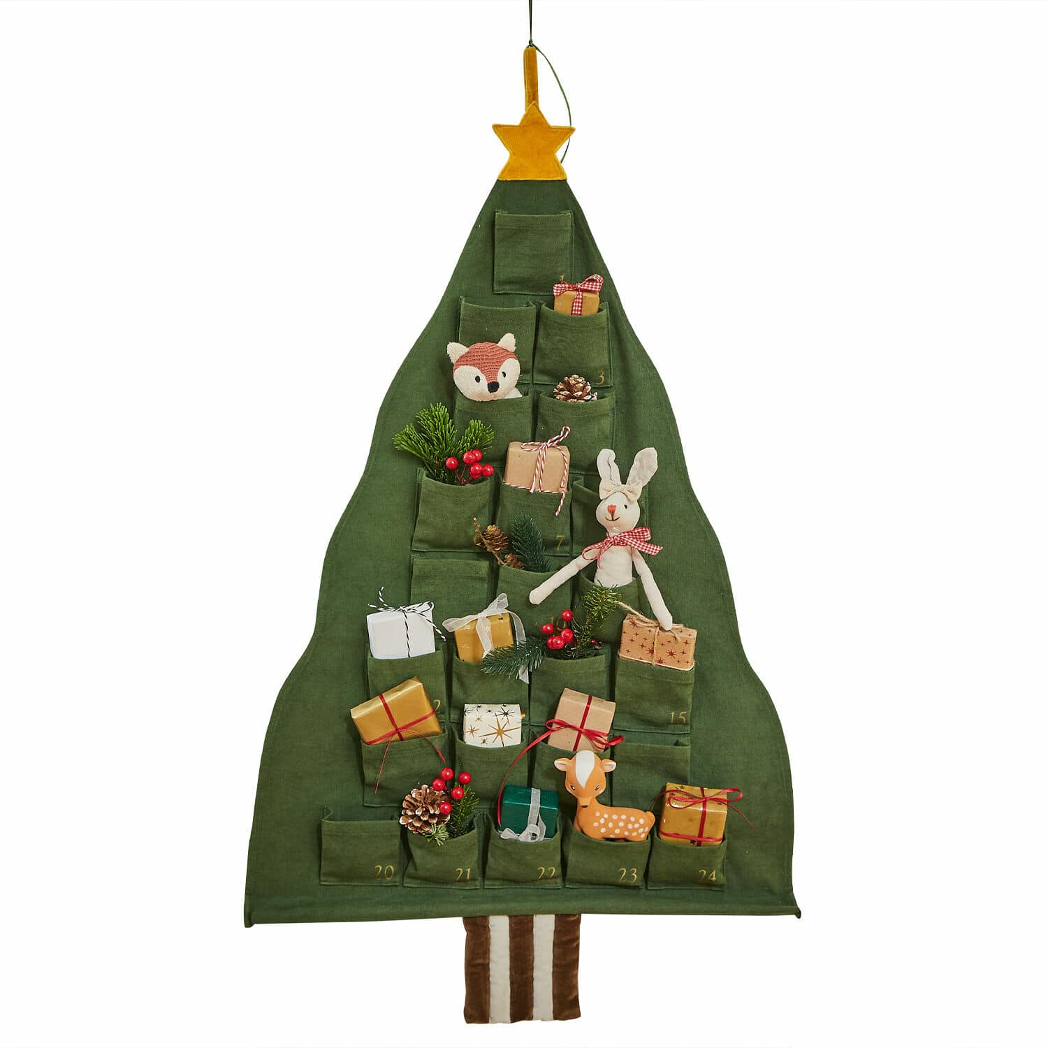 Adventskalender Talira Groene stoffen adventskalender in de vorm van een kerstboom met zakjes en kerstdecoraties