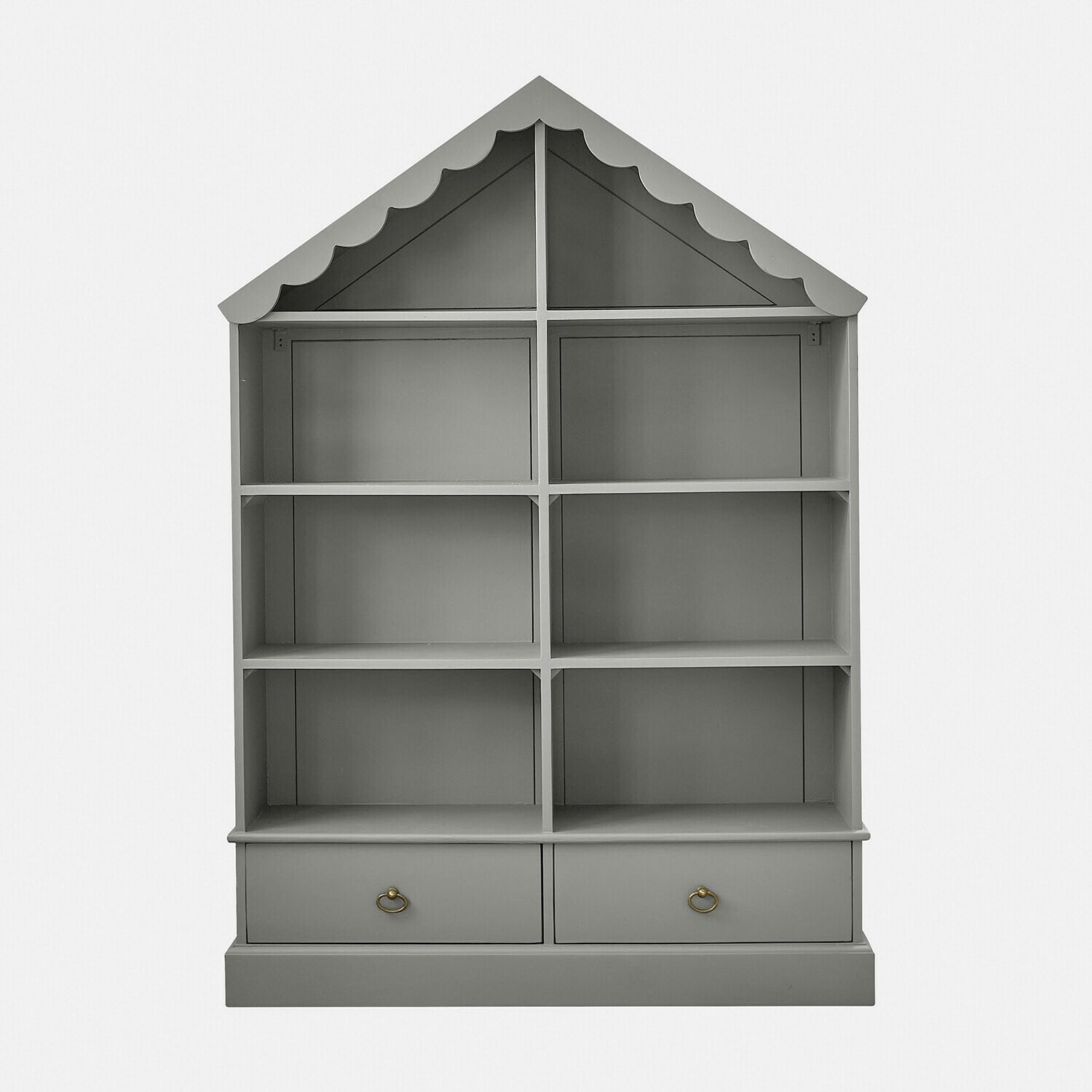Grijze houten kast in de vorm van een huis met decoratief dak en twee laden onderaan